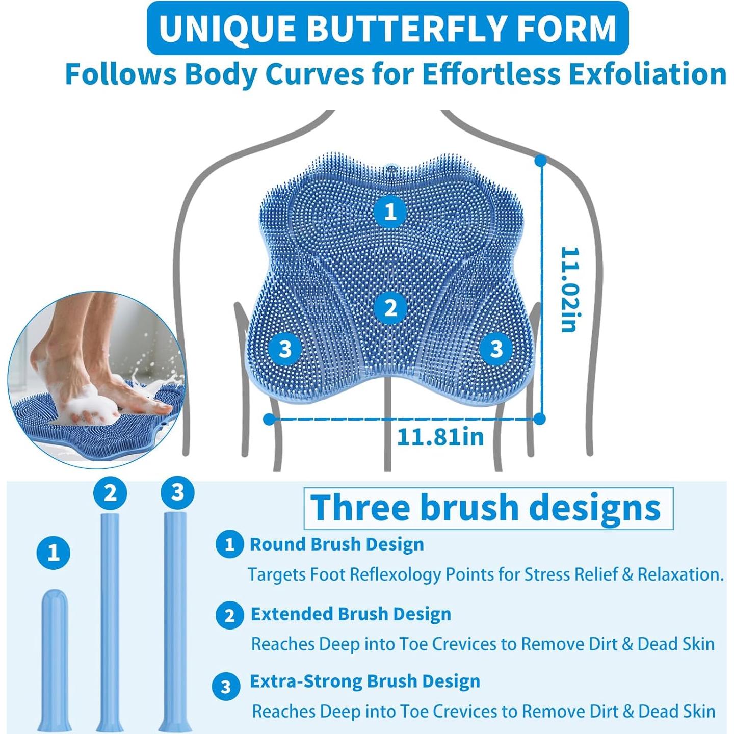 XXL Large Foot Scrubber Mat & Silicone Back Scrubber with Butterfly Form Design,3 Brush Designs for Deep Cleaning Shower Foot Scrubber Mat, Wall Mounted Back Scrubber Silicone Bath(Blue)