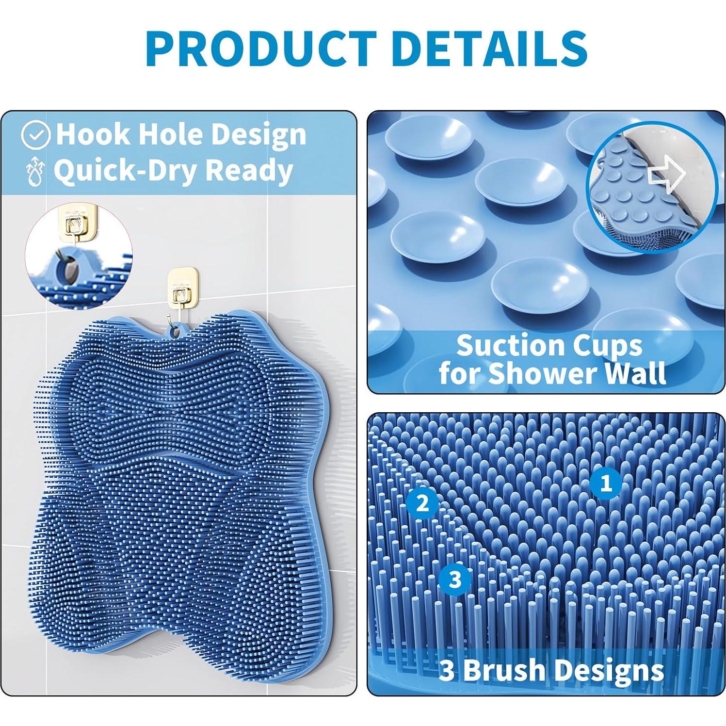 XXL Large Foot Scrubber Mat & Silicone Back Scrubber with Butterfly Form Design,3 Brush Designs for Deep Cleaning Shower Foot Scrubber Mat, Wall Mounted Back Scrubber Silicone Bath(Blue)