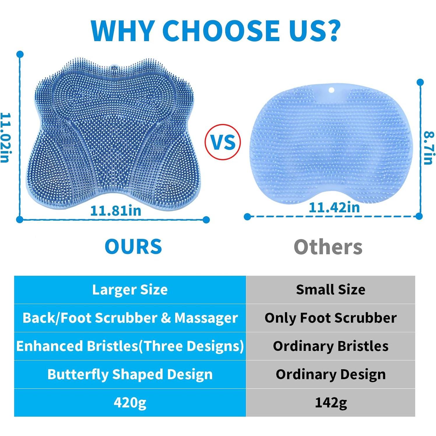 XXL Large Foot Scrubber Mat & Silicone Back Scrubber with Butterfly Form Design,3 Brush Designs for Deep Cleaning Shower Foot Scrubber Mat, Wall Mounted Back Scrubber Silicone Bath(Blue)