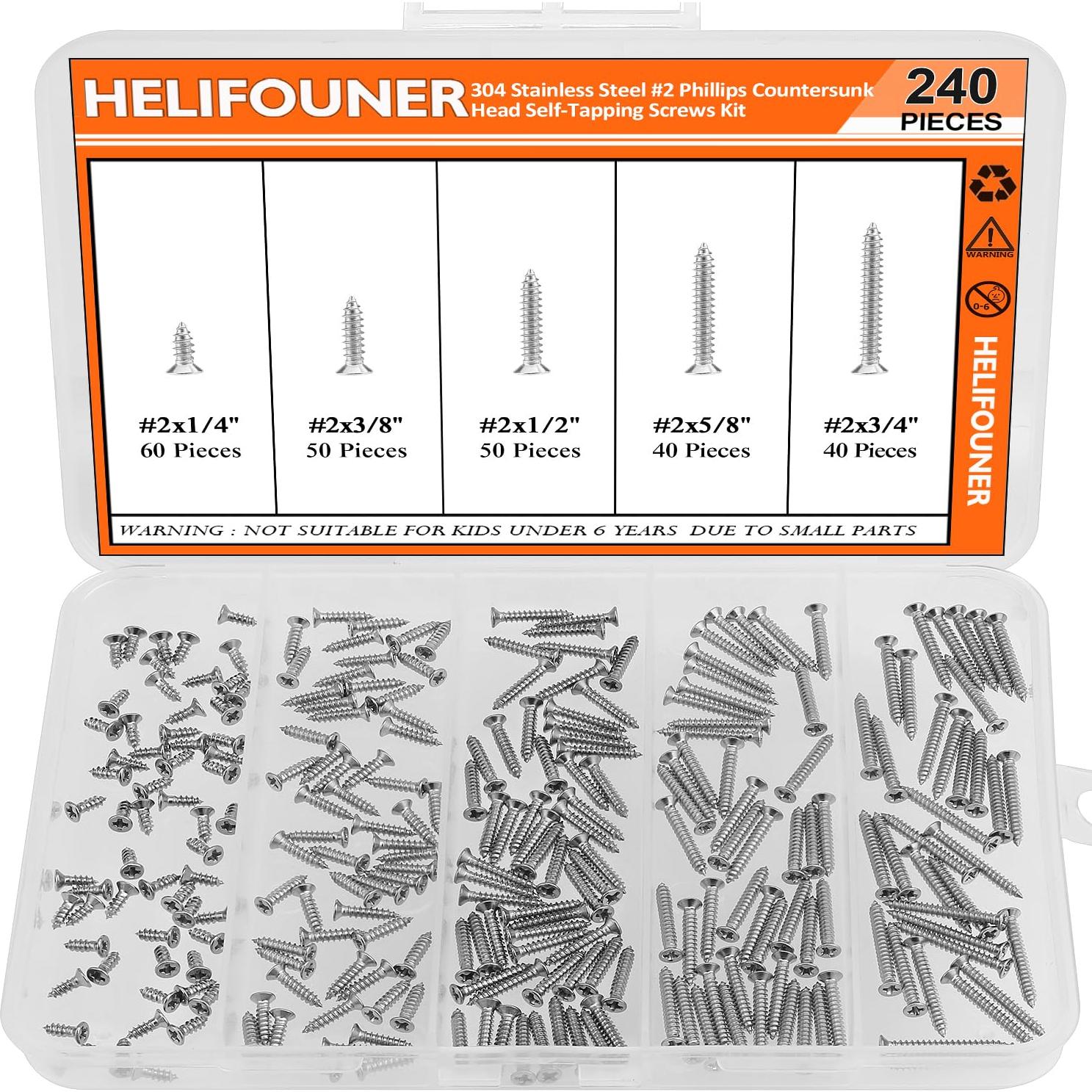 Juego de Tornillos de Madera HELIFOUNER 240 Piezas Acero Inoxidable