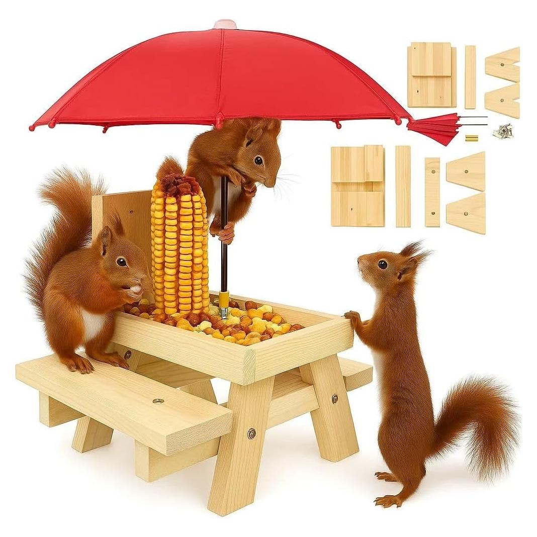 Mesa de Comedero para Ardillas CEDAR ALPHA con Sombrilla Roja