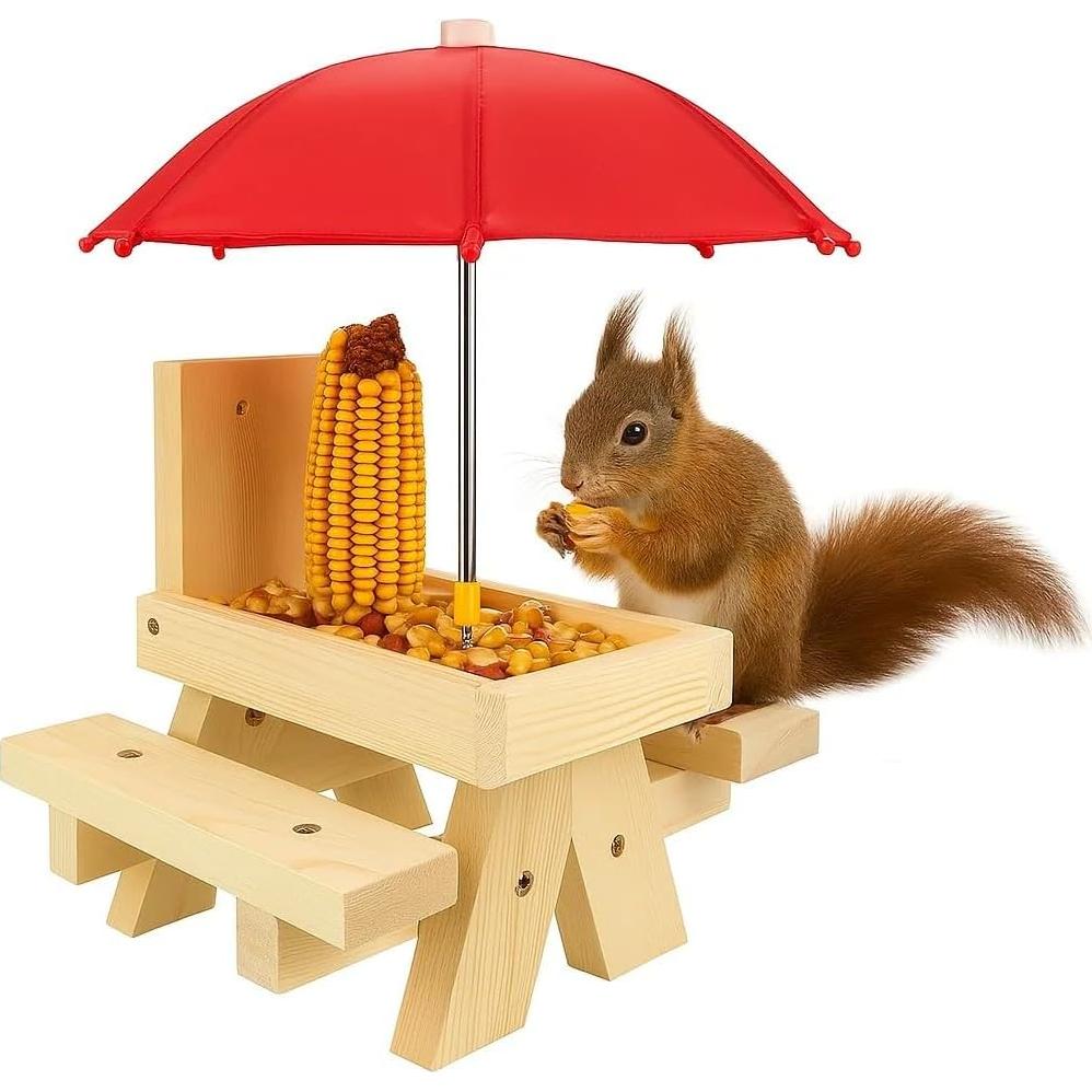 Mesa de Comedero para Ardillas CEDAR ALPHA con Sombrilla Roja