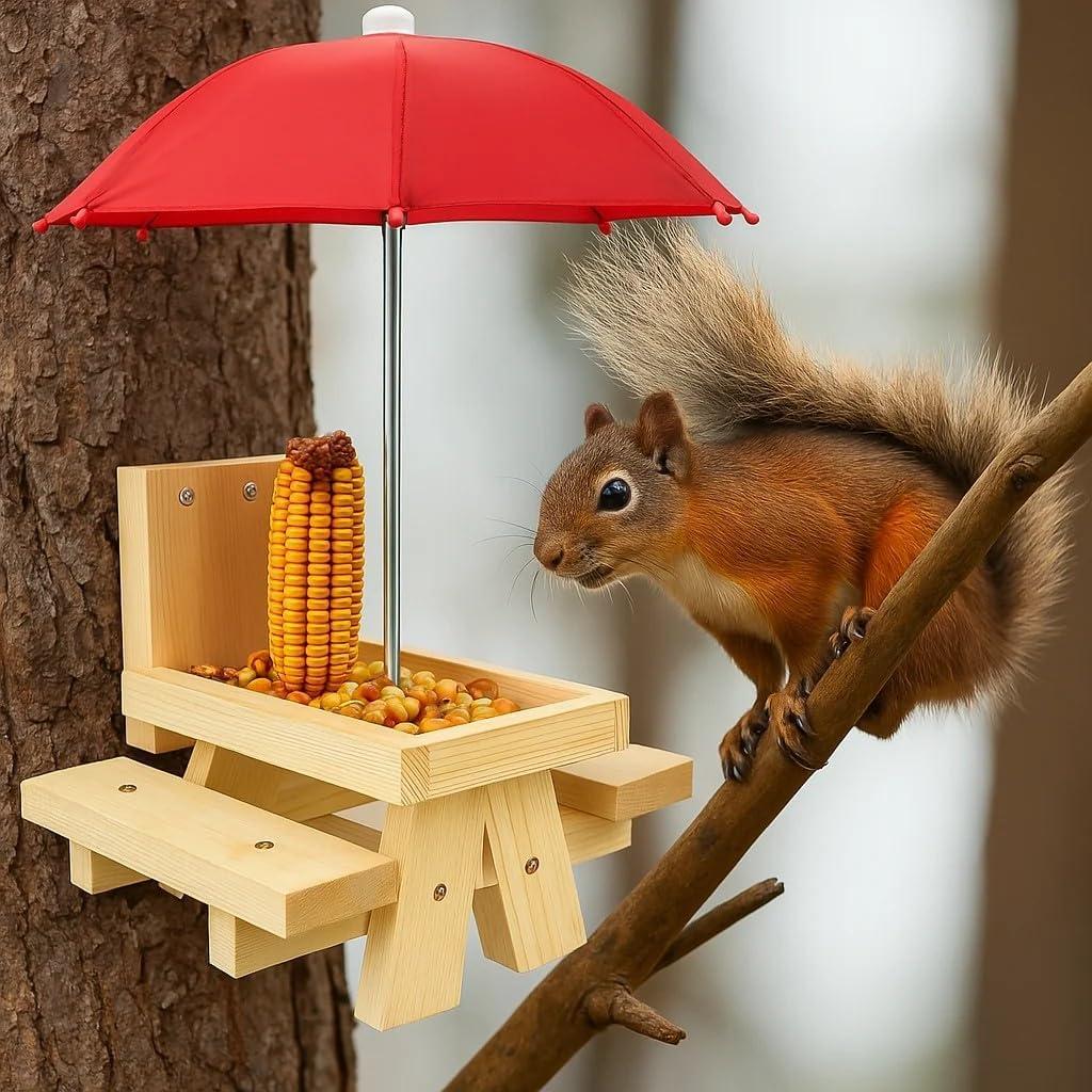 Mesa de Comedero para Ardillas CEDAR ALPHA con Sombrilla Roja