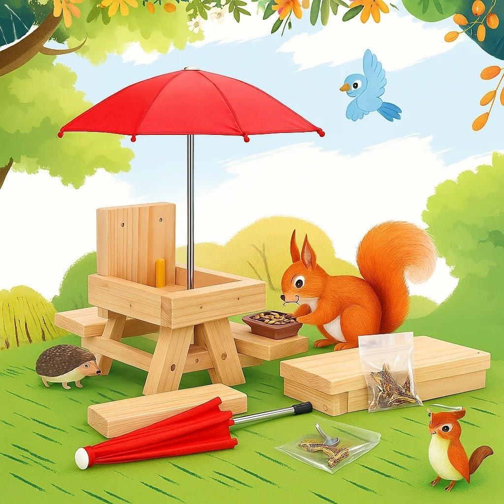 Mesa de Comedero para Ardillas CEDAR ALPHA con Sombrilla Roja