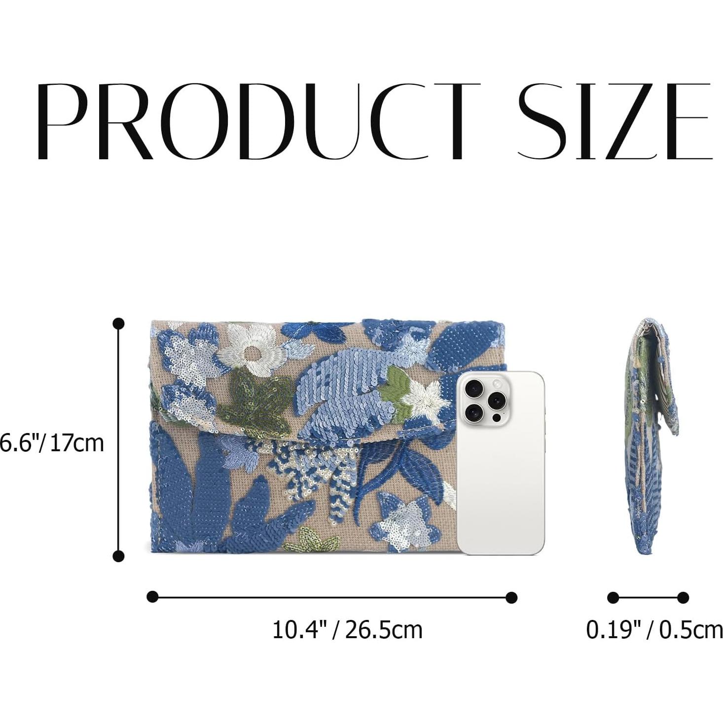 Bolso de Noche Bordado Floral Nefokfdus Azul 26.5x17x0.5cm