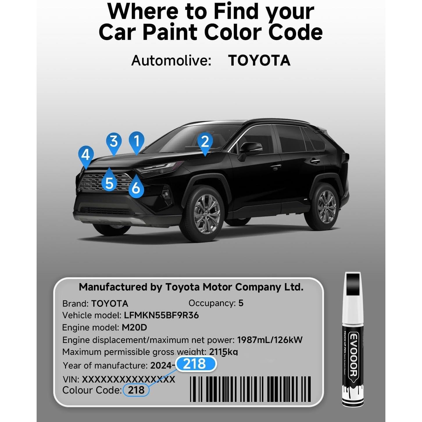 Pintura de Retocar EVOOOR 218 Negro Metálico para Toyota 11.8ml