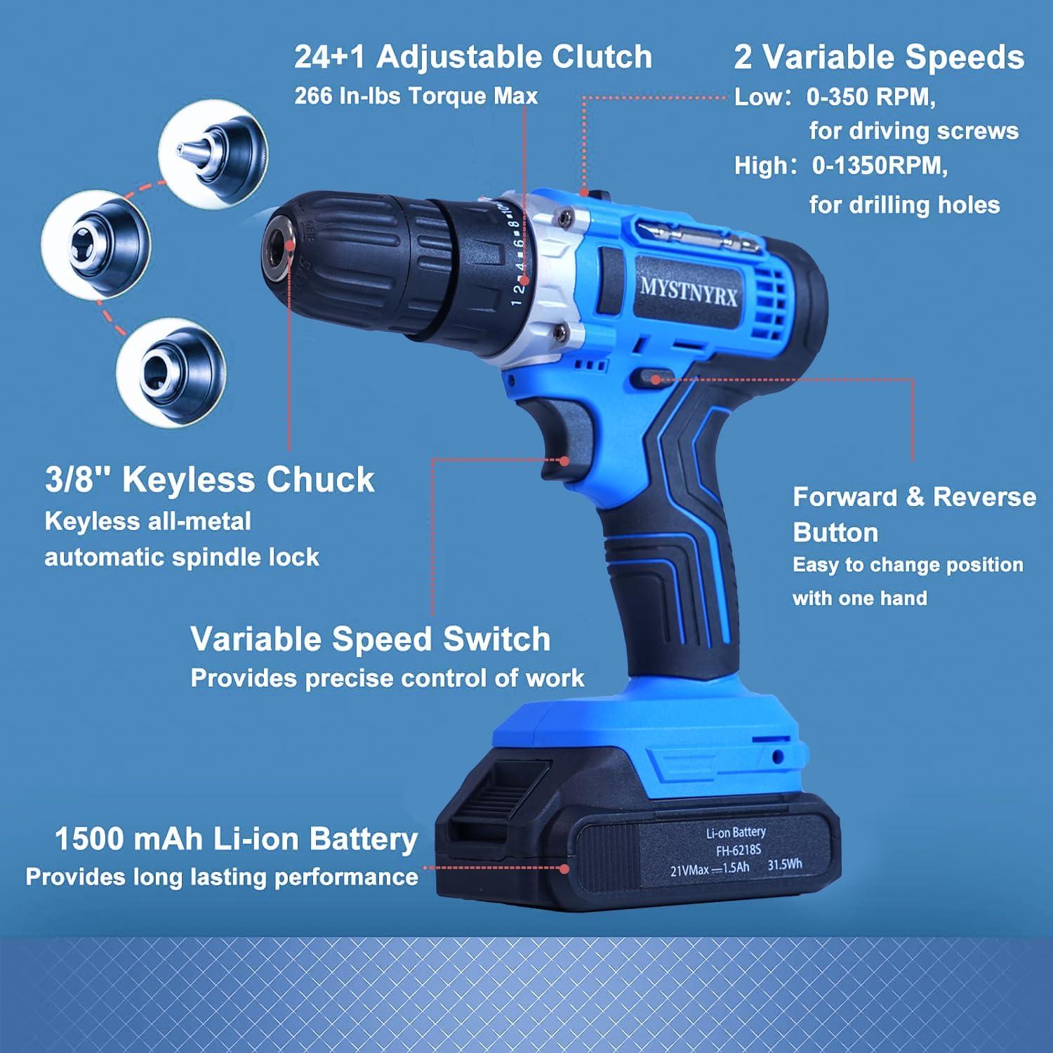 Taladro Atornillador Inalámbrico MYSTNYRX 21V 2 Baterías 26 Accesorios