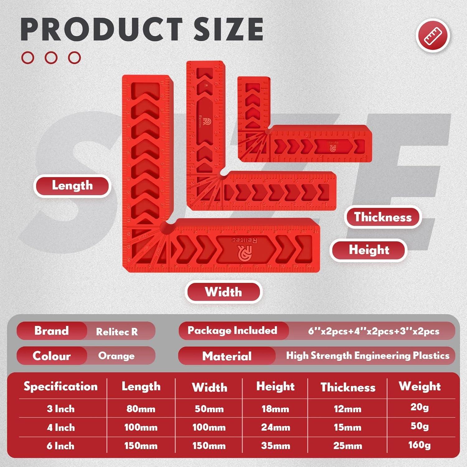 Set de Cuadrados de Posicionamiento Relitec - 6 Piezas 3" 4" 6"