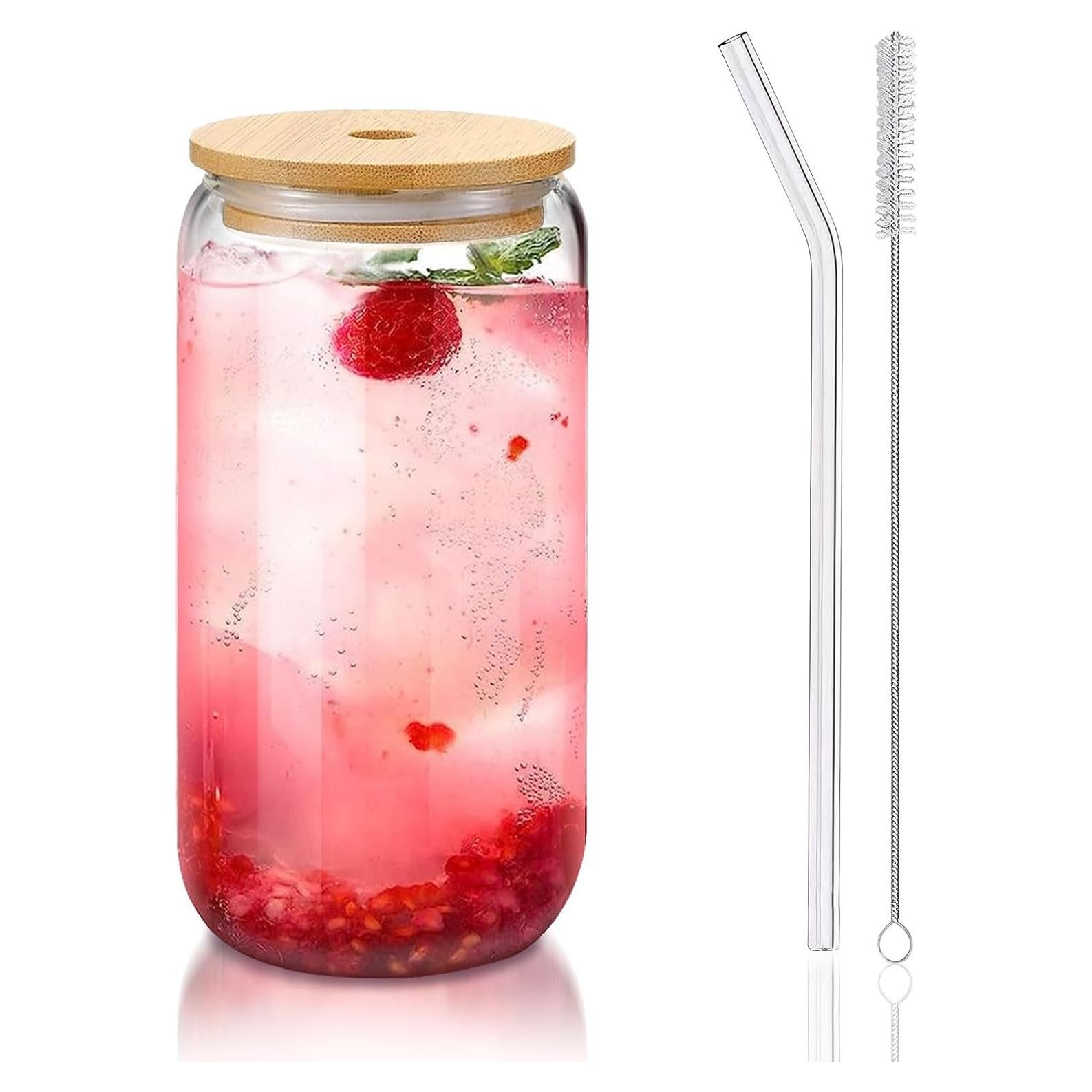 Juego de Tazas de Vidrio 16 oz con Tapa y Popote DAMCONME