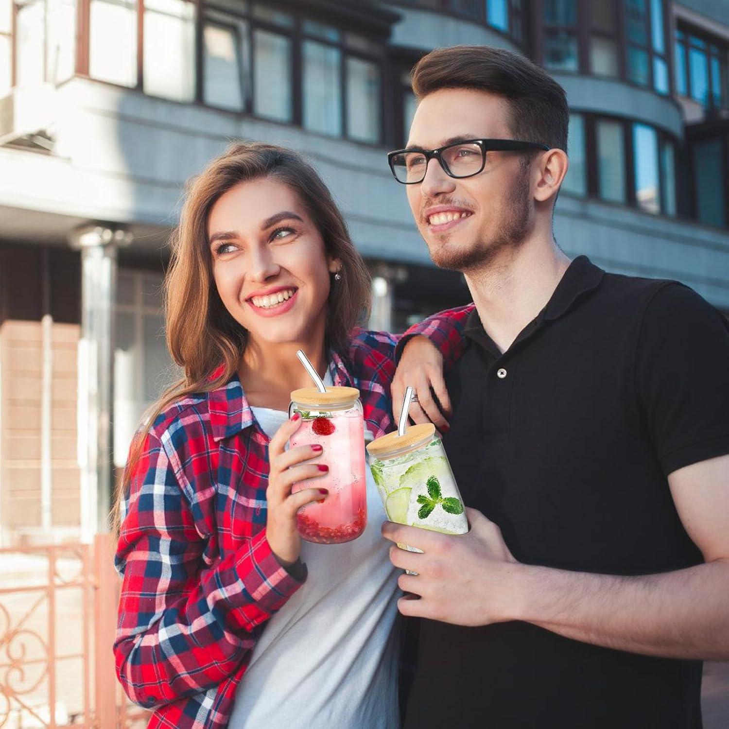 Juego de Tazas de Vidrio 16 oz con Tapa y Popote DAMCONME