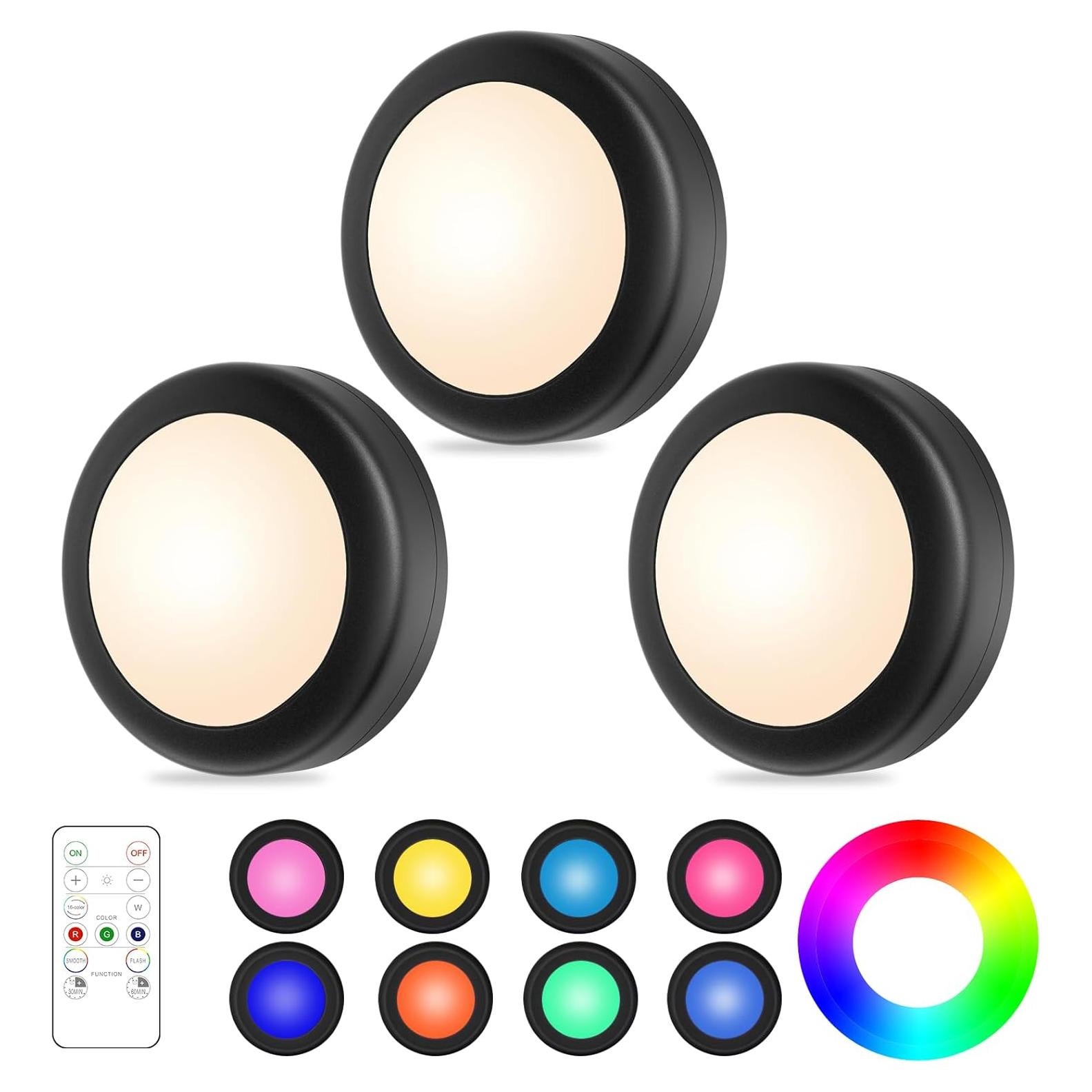 Luces LED Puck Yiliaw 3 Paquetes Control Remoto 16 Colores