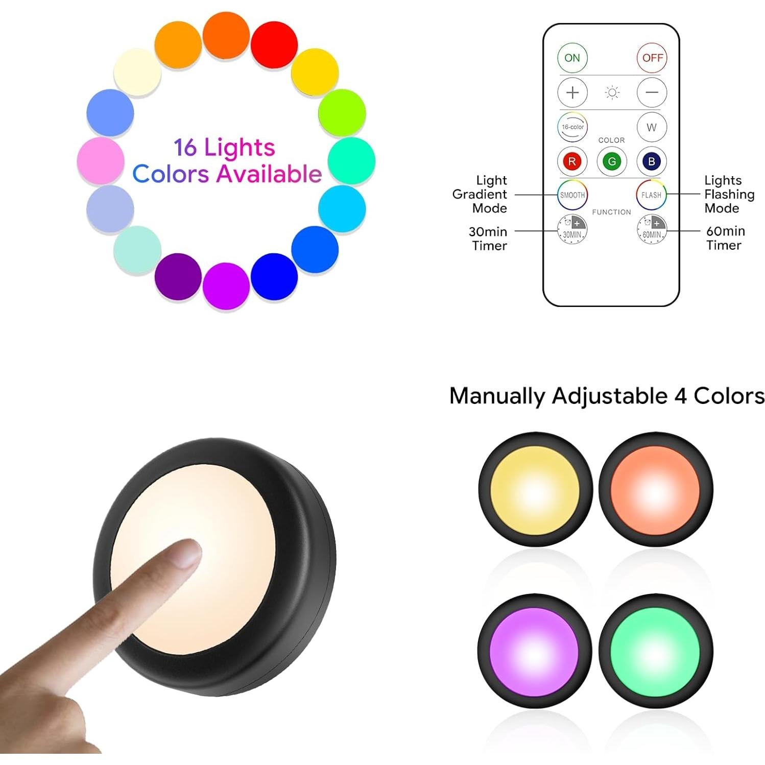 Luces LED Puck Yiliaw 3 Paquetes Control Remoto 16 Colores