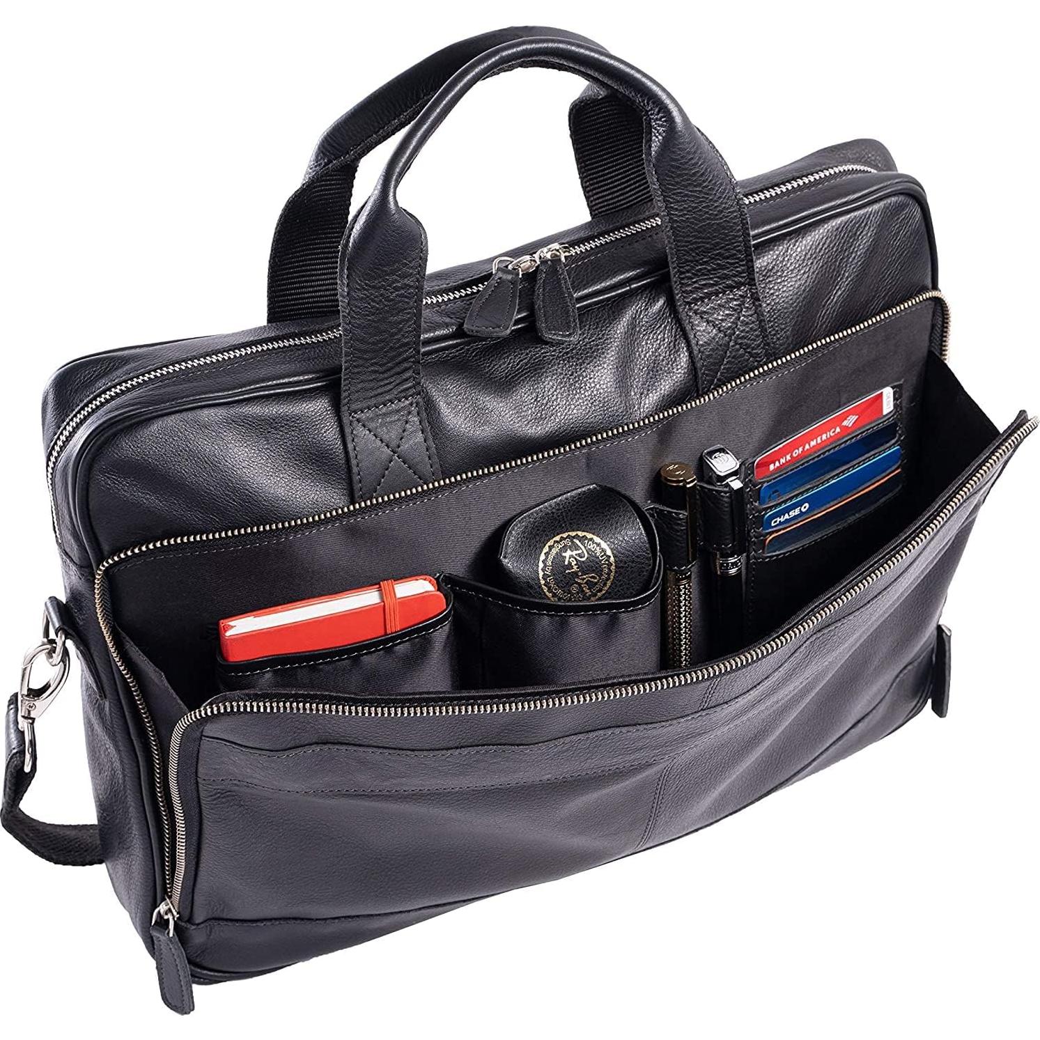 Maletín de cuero de búfalo Komal para laptop 45.72x33cm Negro