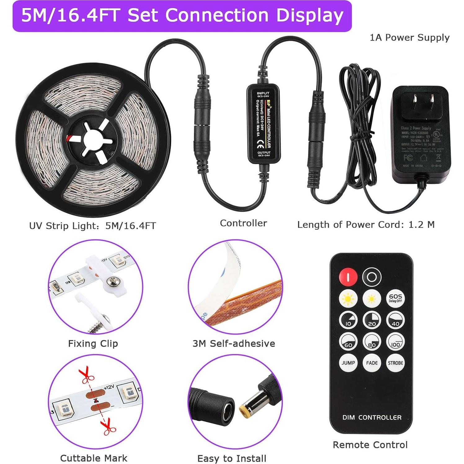 Tira de luz negra LED 5M LOPIZH con control remoto 300 LEDs