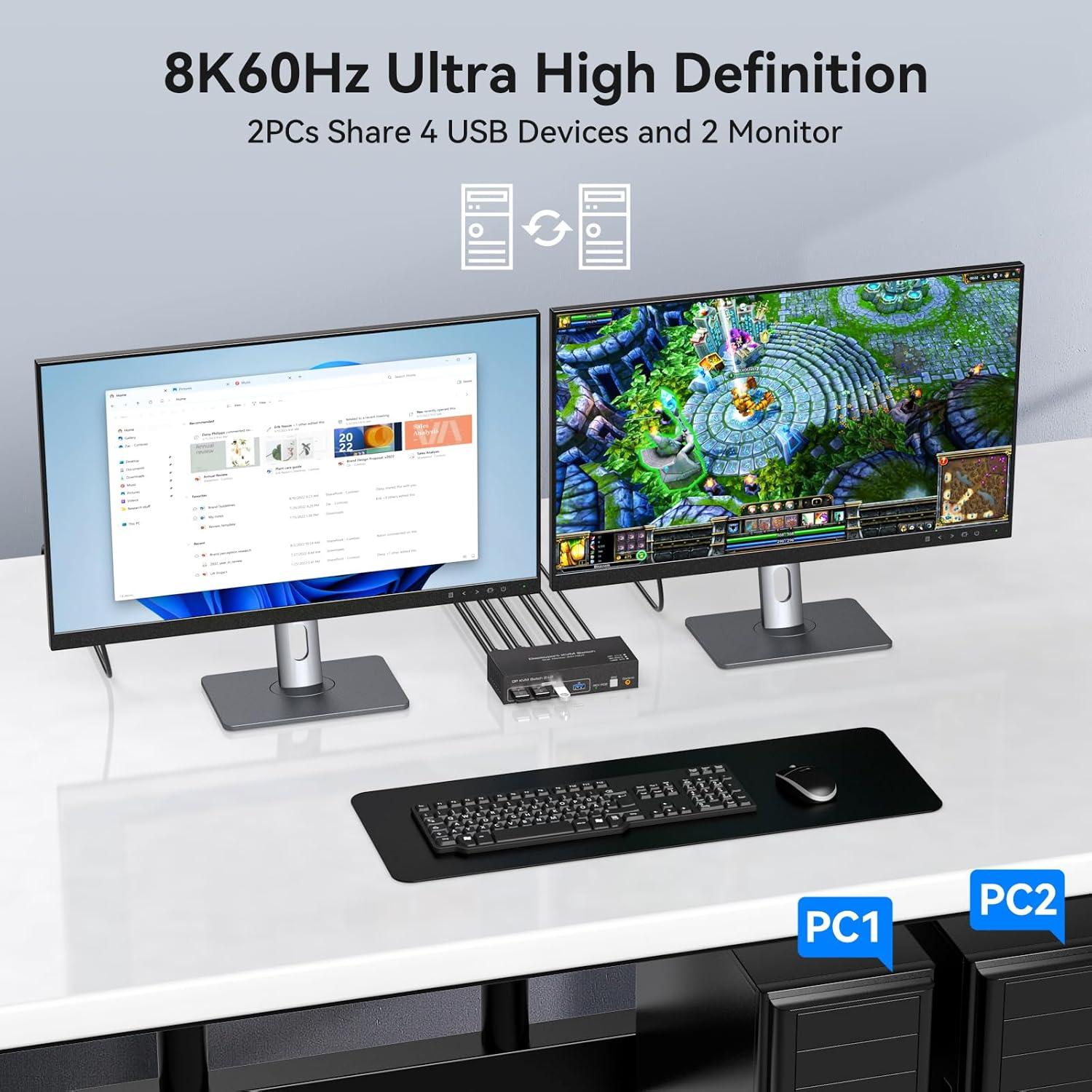 Interruptor KVM DisplayPort 2 Monitores 2 Computadoras 8K 60Hz USB 3.0