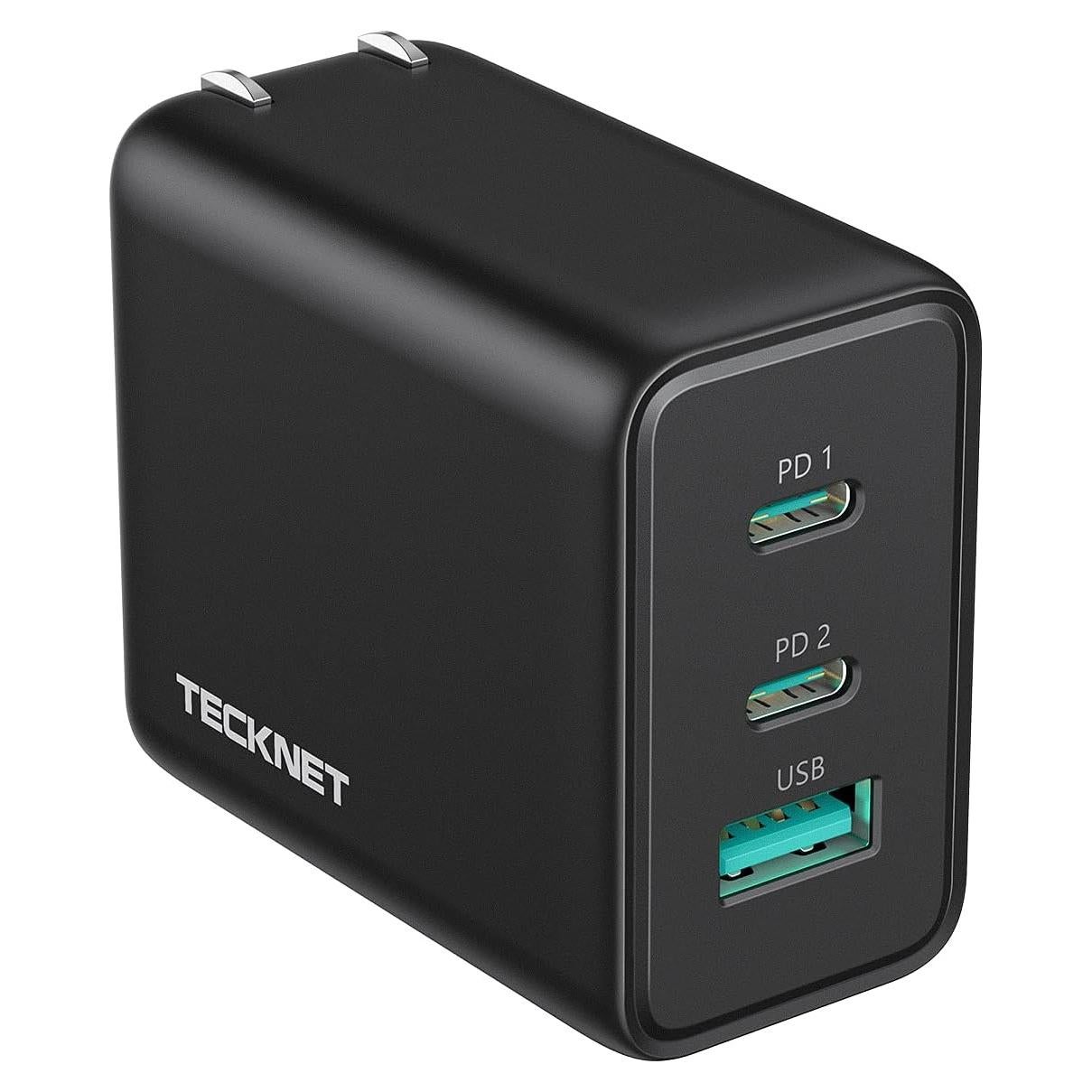 Cargador Rápido TECKNET 65W USB C 3 Puertos GaN Negro