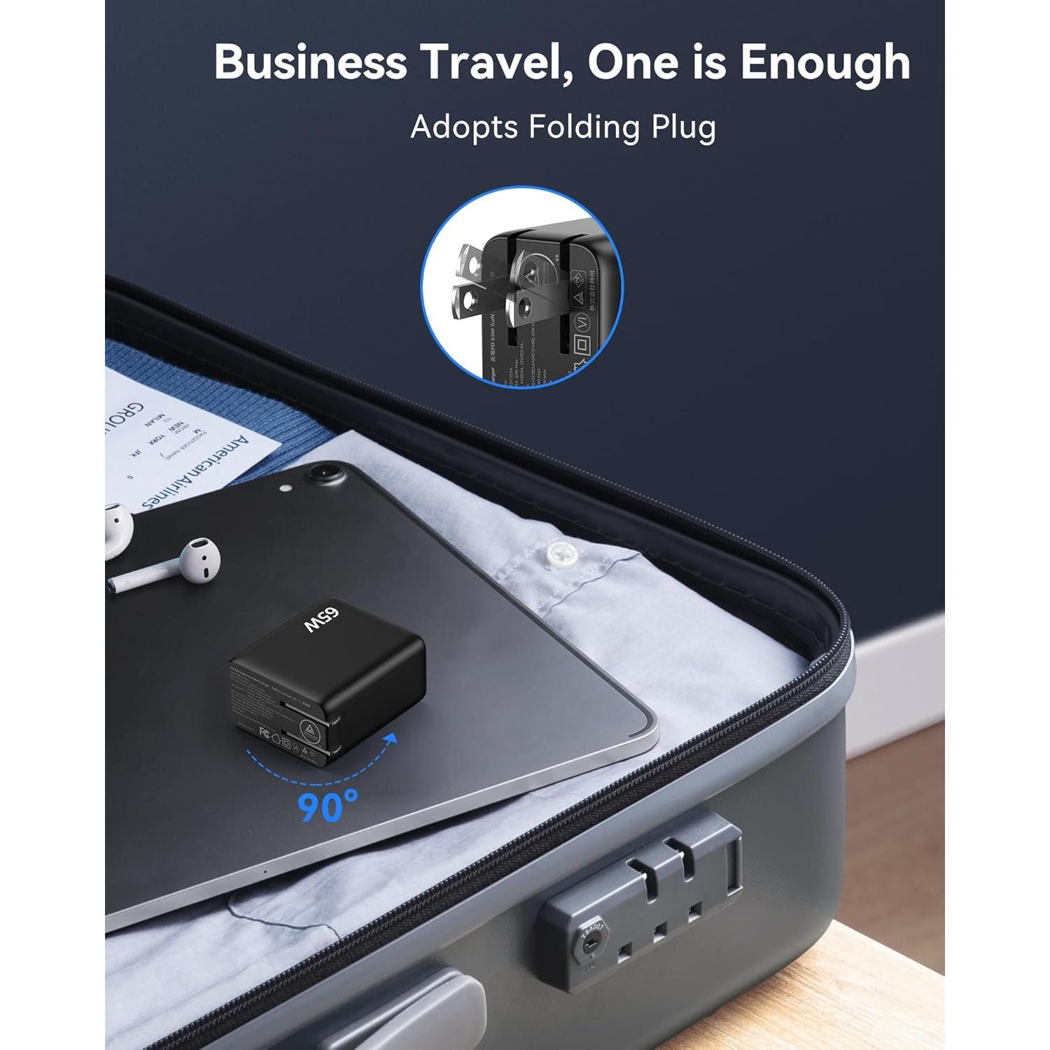 Cargador Rápido TECKNET 65W USB C 3 Puertos GaN Negro