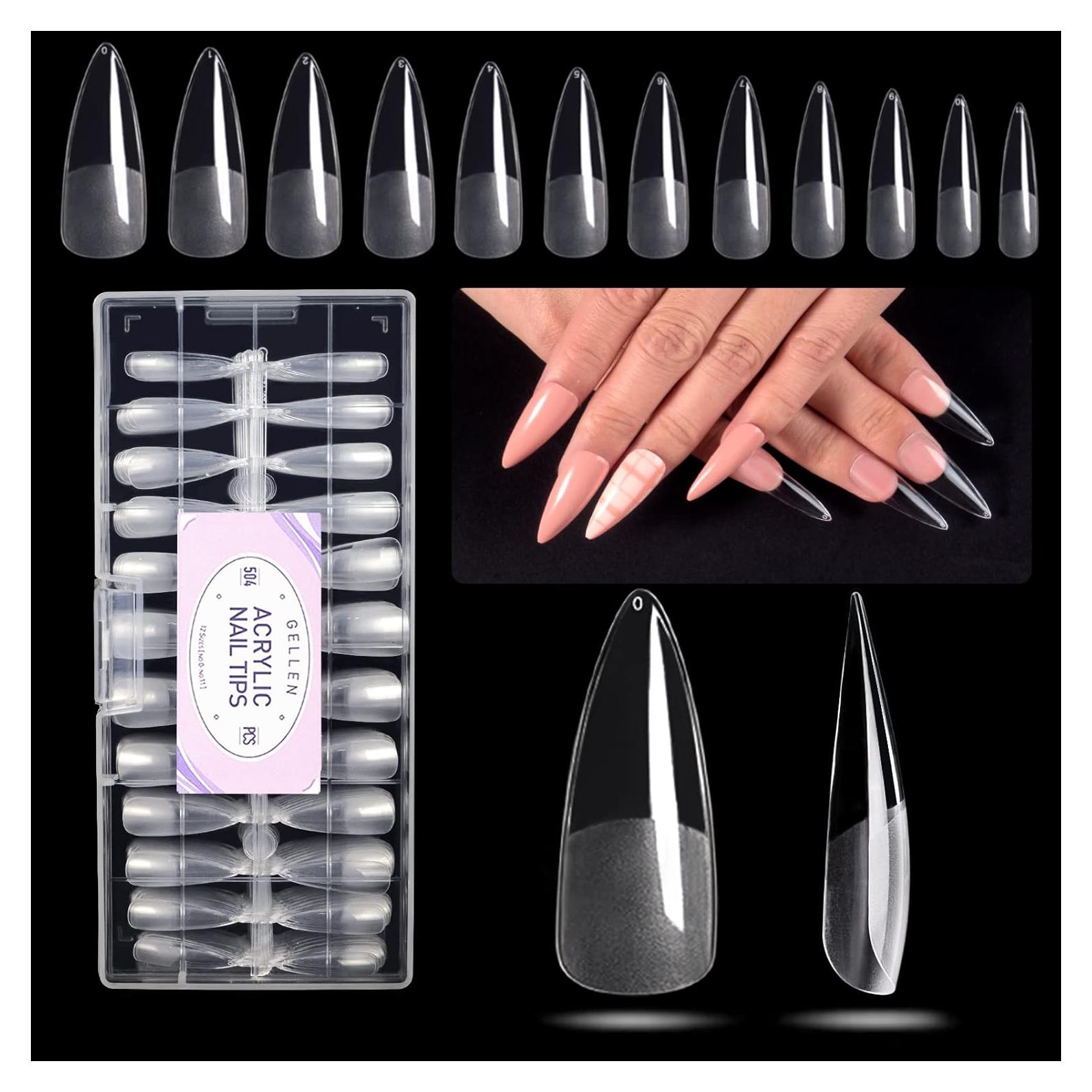 Gellen Kit de Uñas Falsas Stiletto 504 Pcs Transparentes