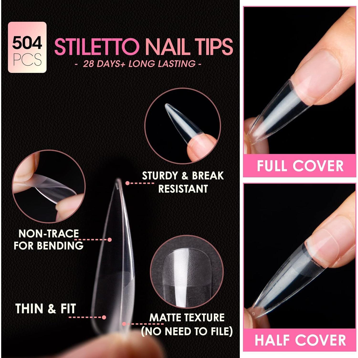 Gellen Kit de Uñas Falsas Stiletto 504 Pcs Transparentes