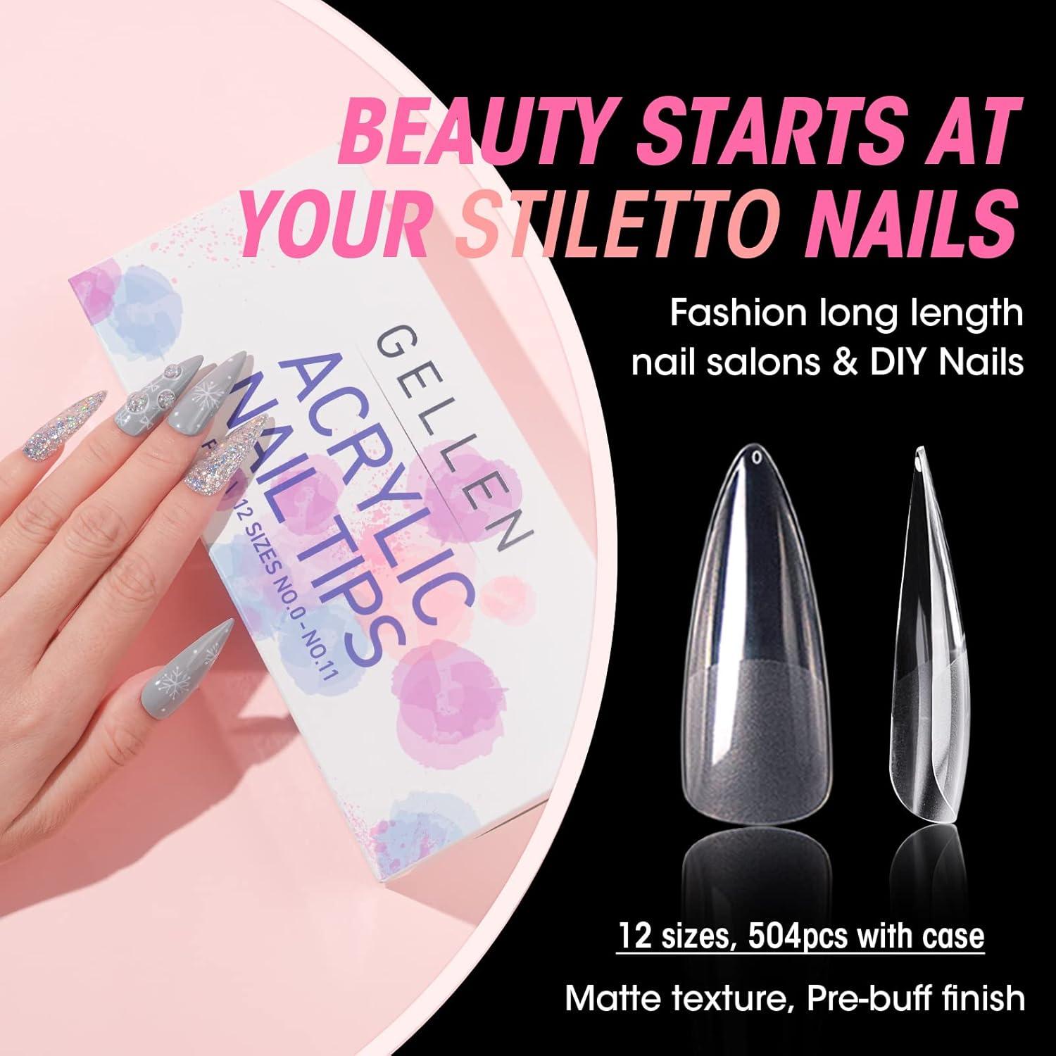 Gellen Kit de Uñas Falsas Stiletto 504 Pcs Transparentes