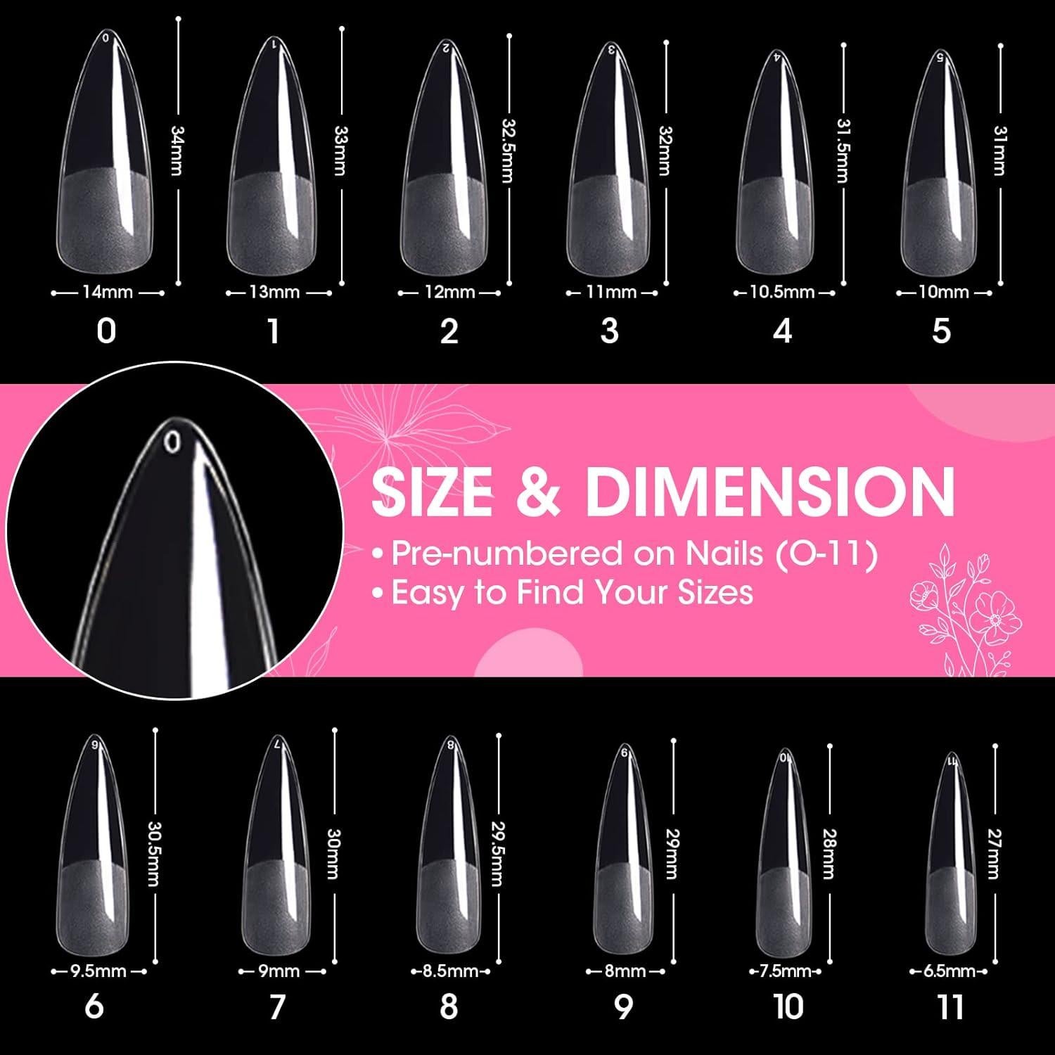 Gellen Kit de Uñas Falsas Stiletto 504 Pcs Transparentes