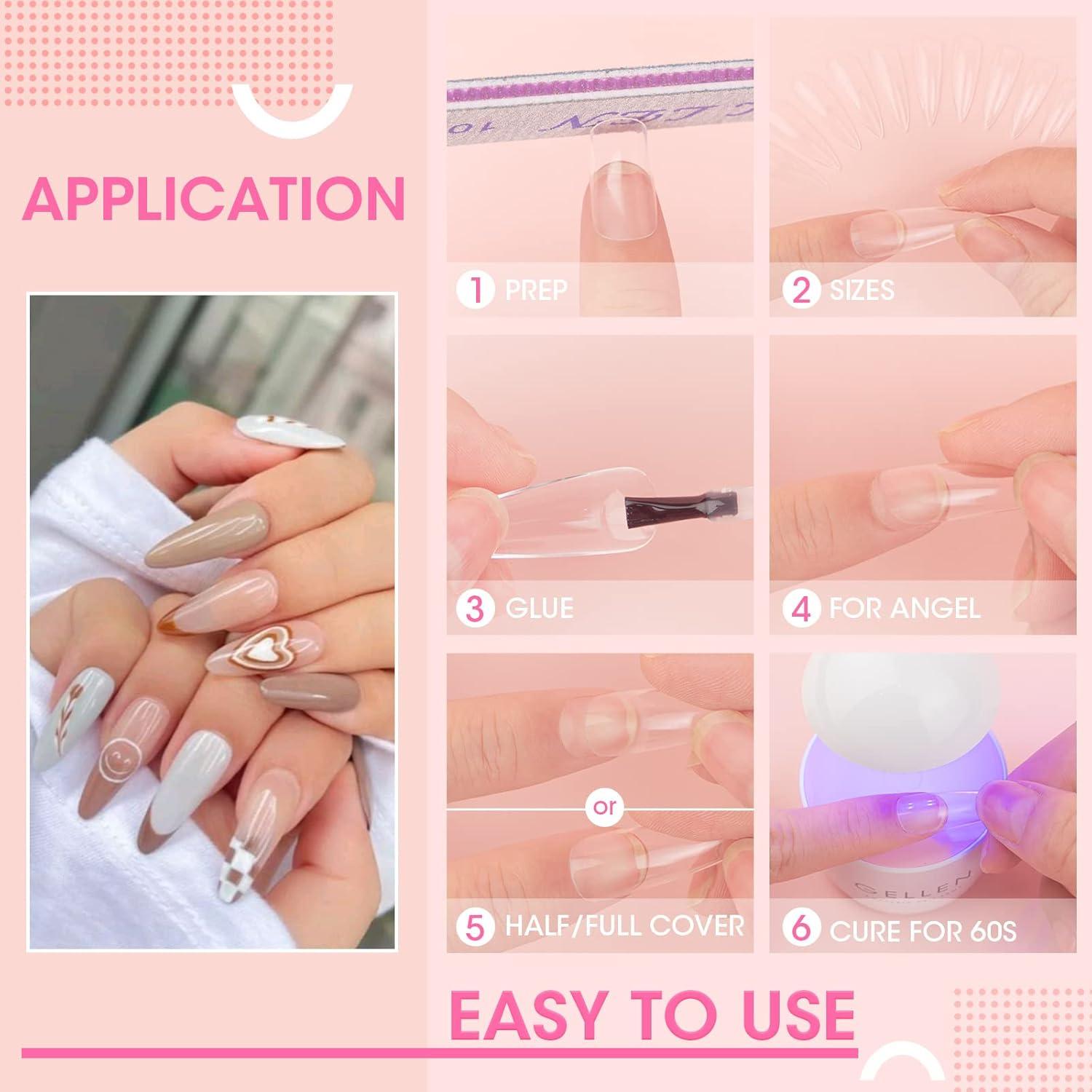 Gellen Kit de Uñas Falsas Stiletto 504 Pcs Transparentes