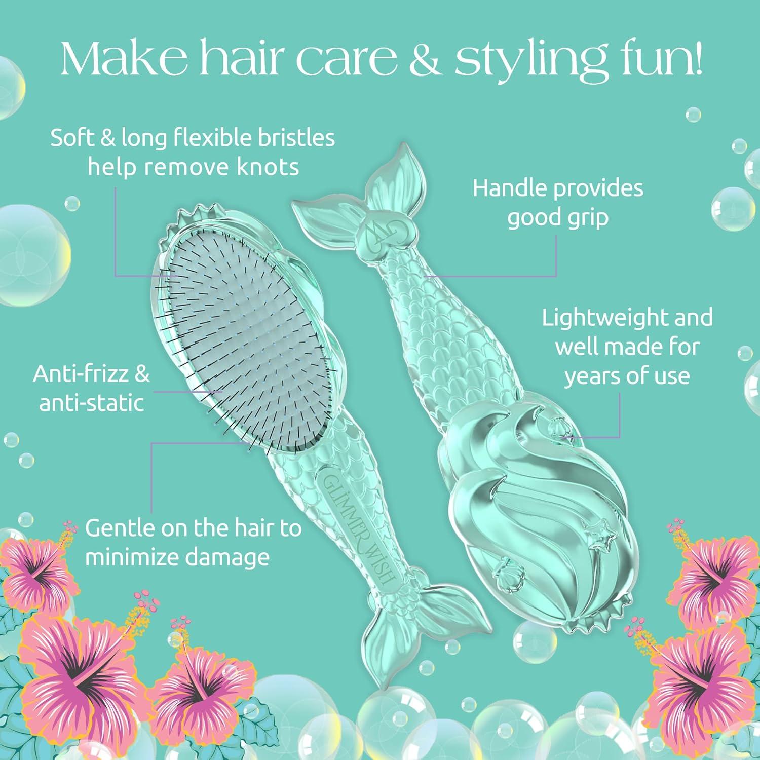 Glimmer Wish Mermaid Detangling Hair Brush for Kids - Anti Frizz and Anti Static - Soft and Long Bristles to Detangle With Ease - Gentle on Hair Kids Hair Brush