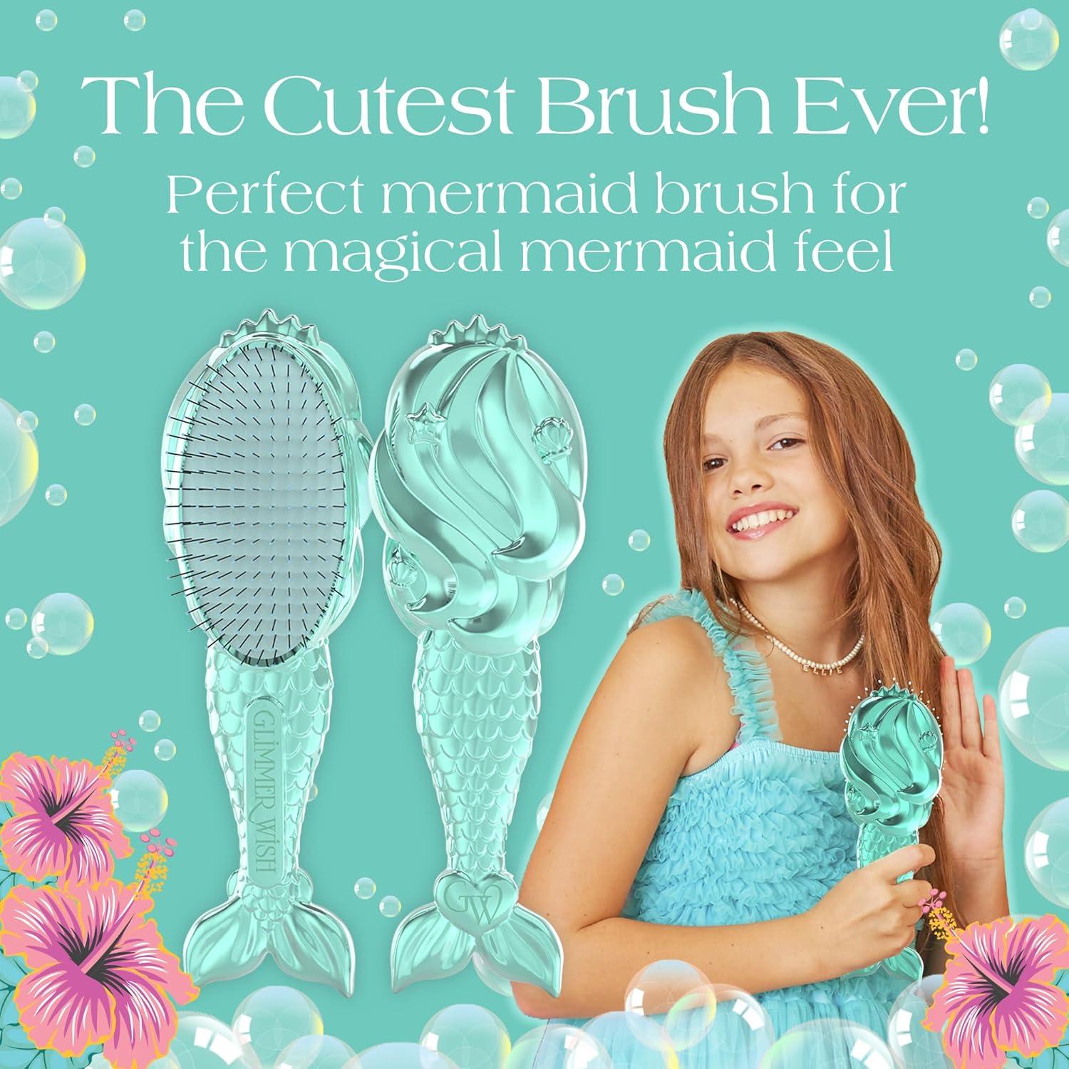 Glimmer Wish Mermaid Detangling Hair Brush for Kids - Anti Frizz and Anti Static - Soft and Long Bristles to Detangle With Ease - Gentle on Hair Kids Hair Brush