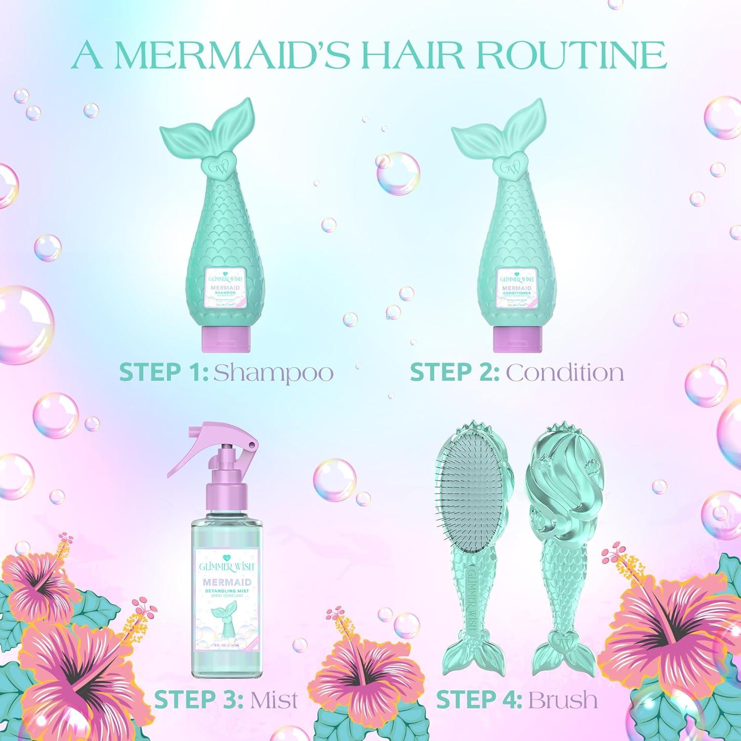 Glimmer Wish Mermaid Detangling Hair Brush for Kids - Anti Frizz and Anti Static - Soft and Long Bristles to Detangle With Ease - Gentle on Hair Kids Hair Brush