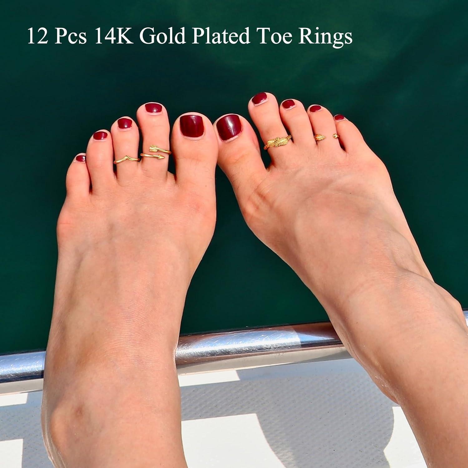 Juego de 12 Anillos para Dedos de los Pies WAINIS Oro 14K Ajustables