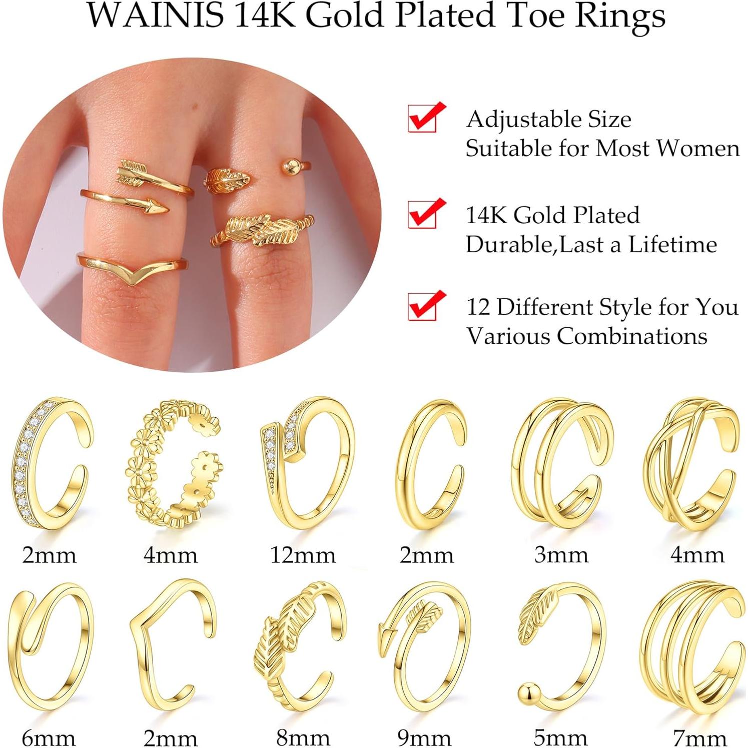 Juego de 12 Anillos para Dedos de los Pies WAINIS Oro 14K Ajustables