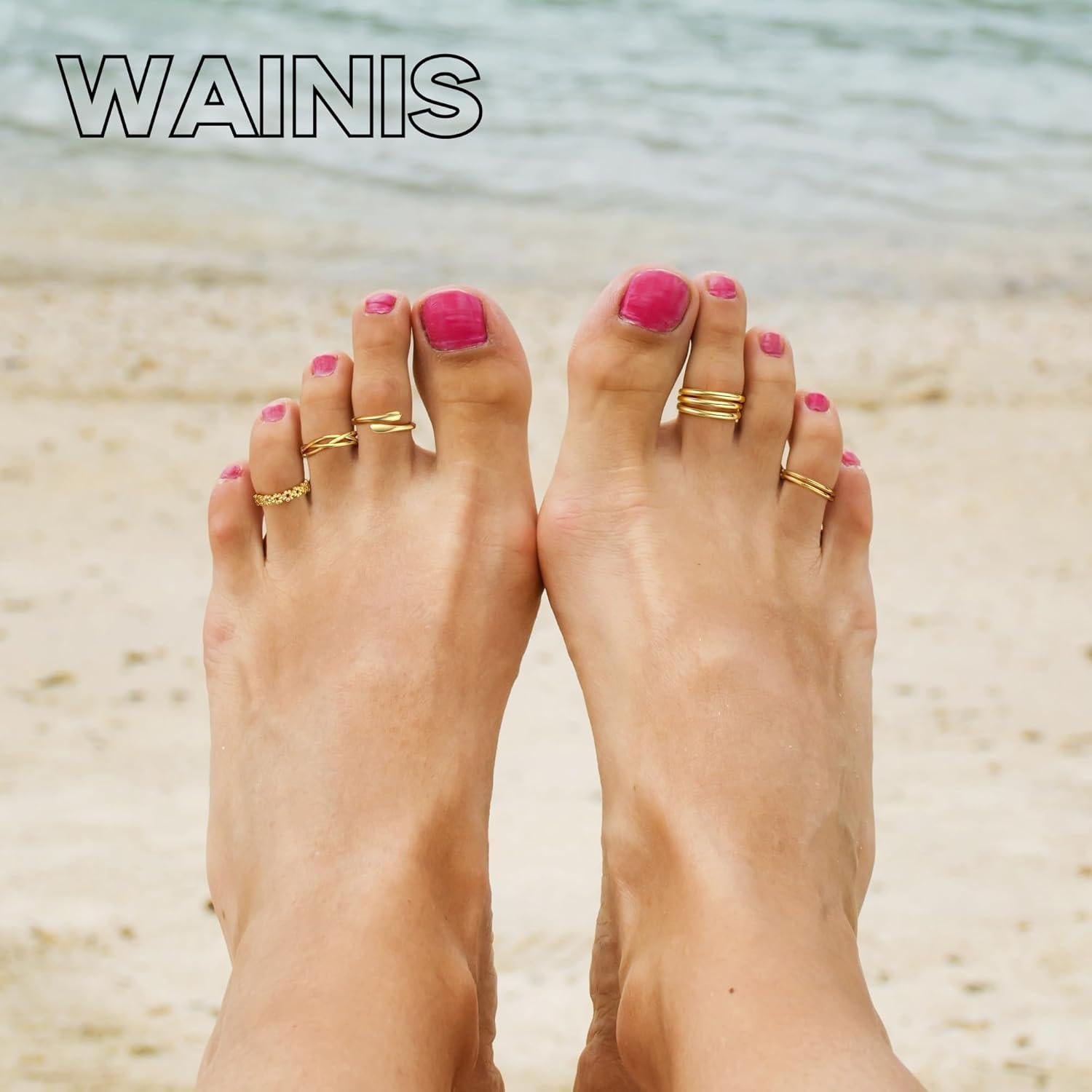 Juego de 12 Anillos para Dedos de los Pies WAINIS Oro 14K Ajustables