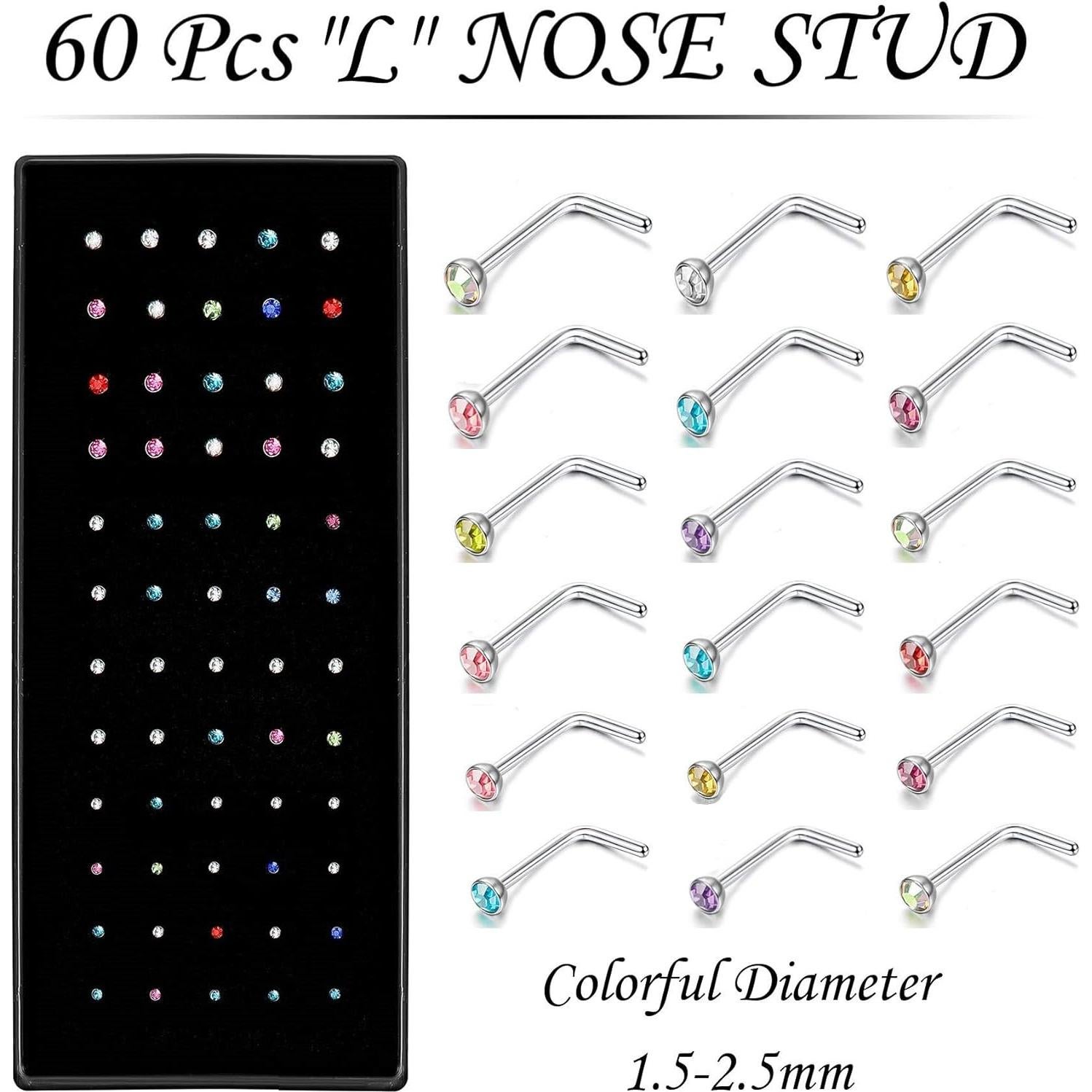 Aros Nasales de Acero Inoxidable OMAIGAR, 60pcs, 1.5/2/2.5mm