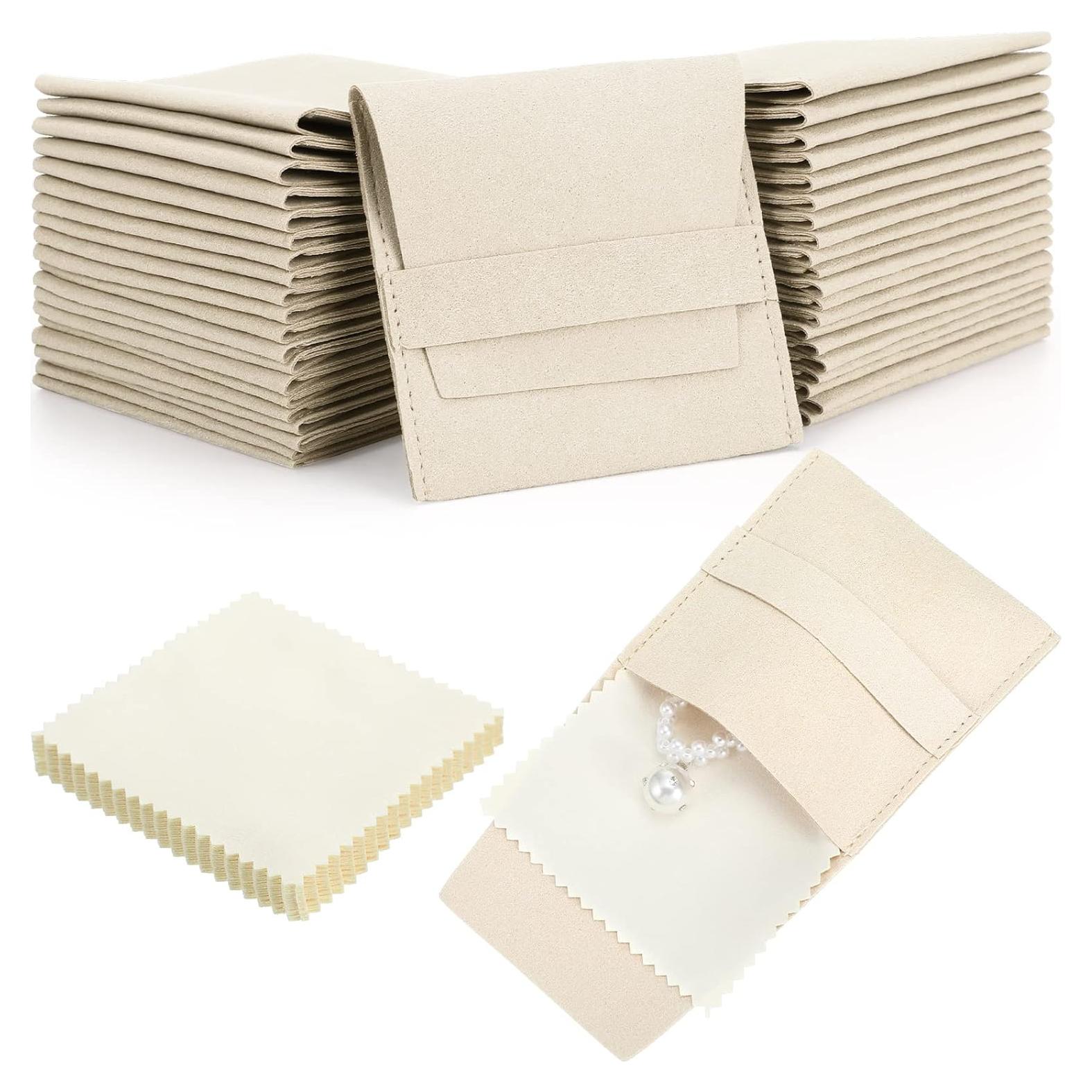 120 Bolsas de Joyería Microfibra Beige 8x8cm con Paños de Limpieza