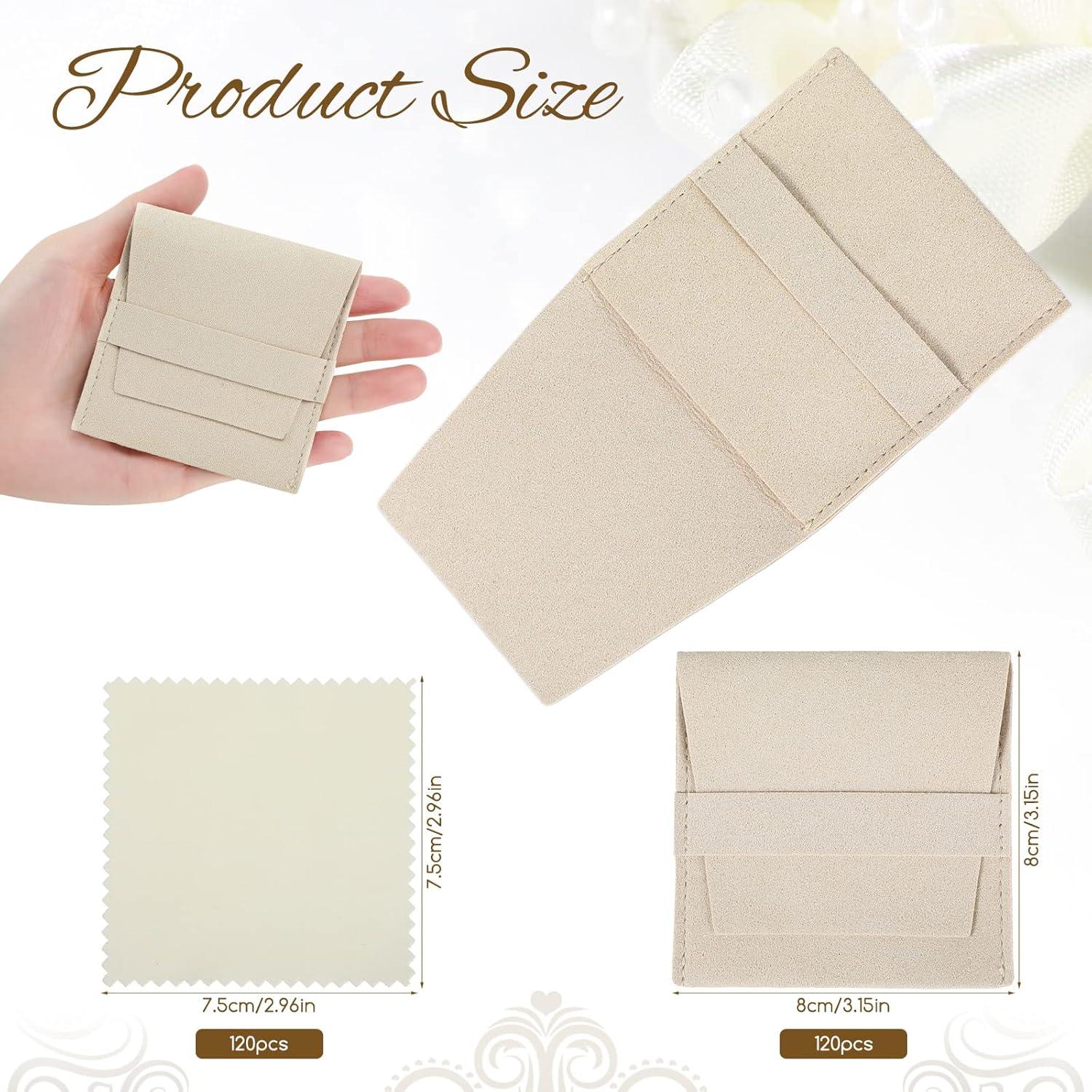 120 Bolsas de Joyería Microfibra Beige 8x8cm con Paños de Limpieza