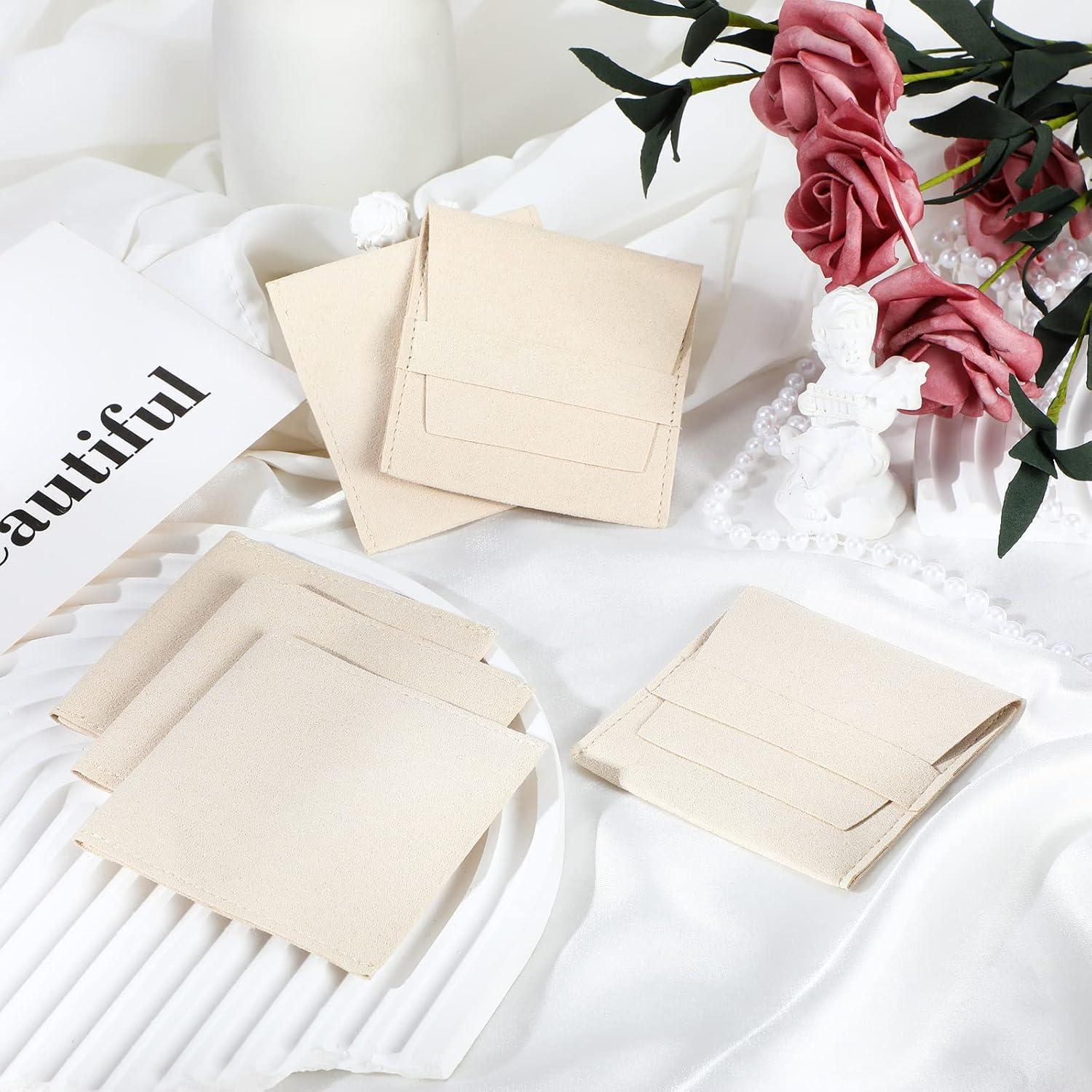 120 Bolsas de Joyería Microfibra Beige 8x8cm con Paños de Limpieza