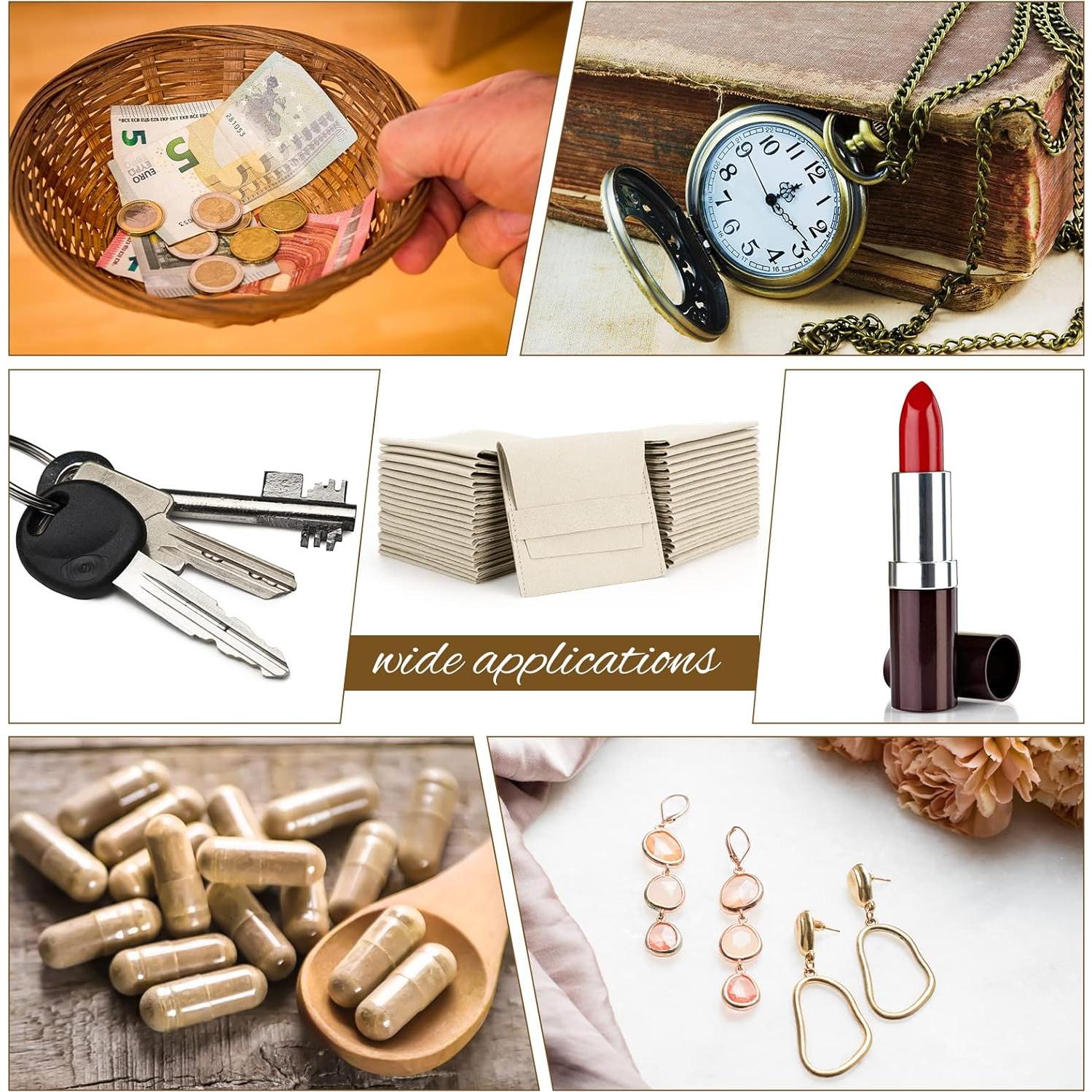 120 Bolsas de Joyería Microfibra Beige 8x8cm con Paños de Limpieza