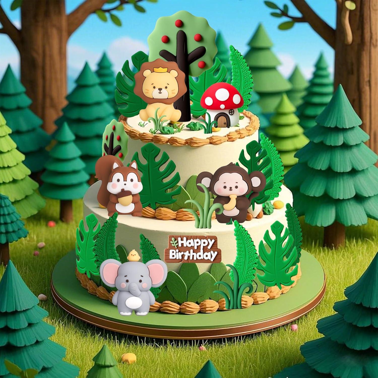 26 Piezas Decoraciones de Pastel Safari SAYHALO - Animales y Hojas