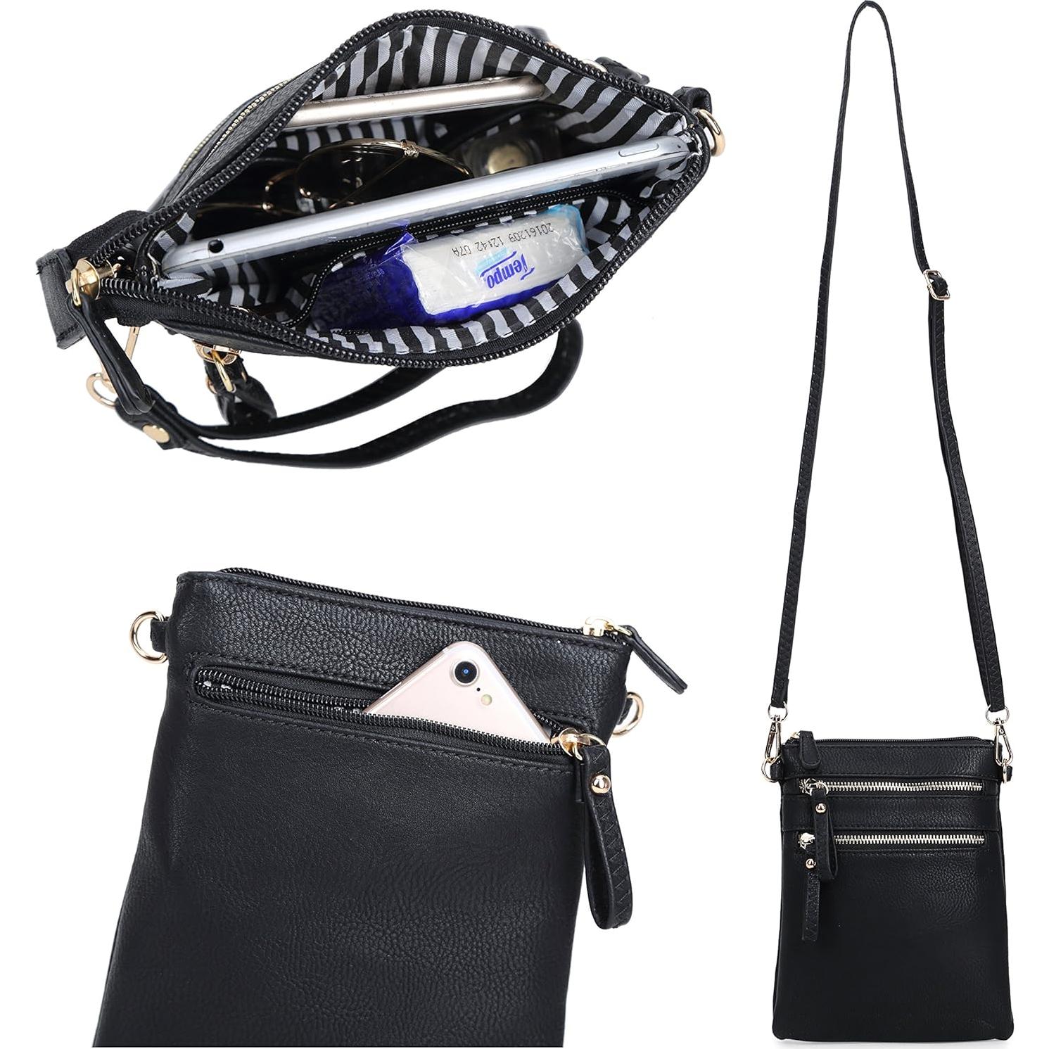 Bolso Cruzado Pequeño Solene para Mujeres - Negro, Múltiples Bolsillos