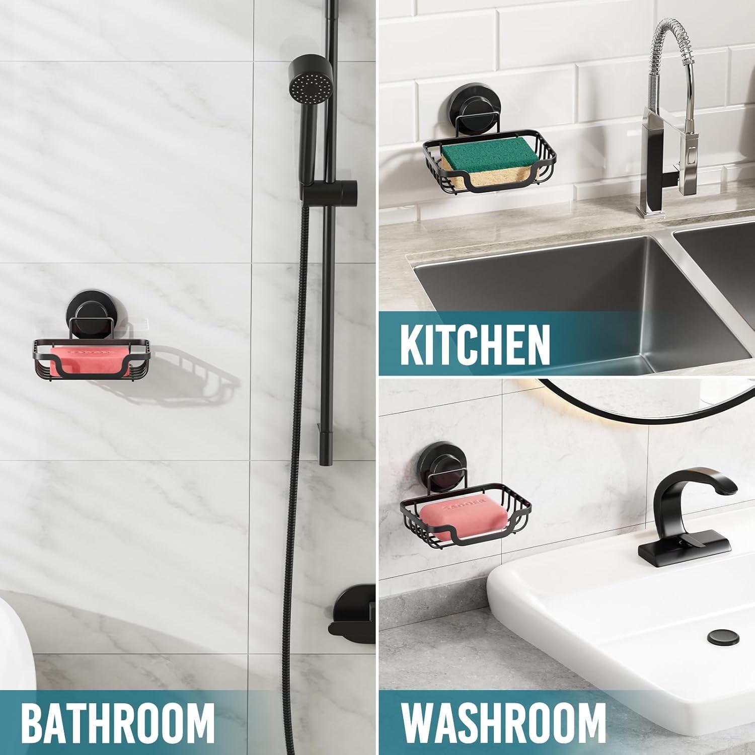 Soporte de Jabón TAILI con Ventosa Negro, Autodrenante, 1 Nivel