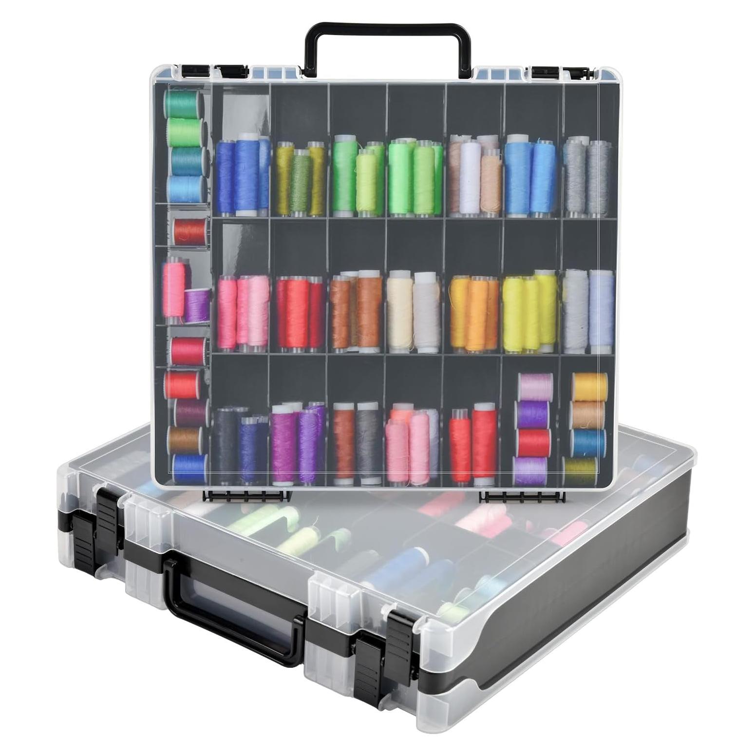 Double-Sided Sewing Box for Bobbins with 48 Grids, Portable Plastic Organizer for Hot Wheels Cars, Embroidery Floss, Diamond Art, Crafts, Small Toys (Case Only)-Black