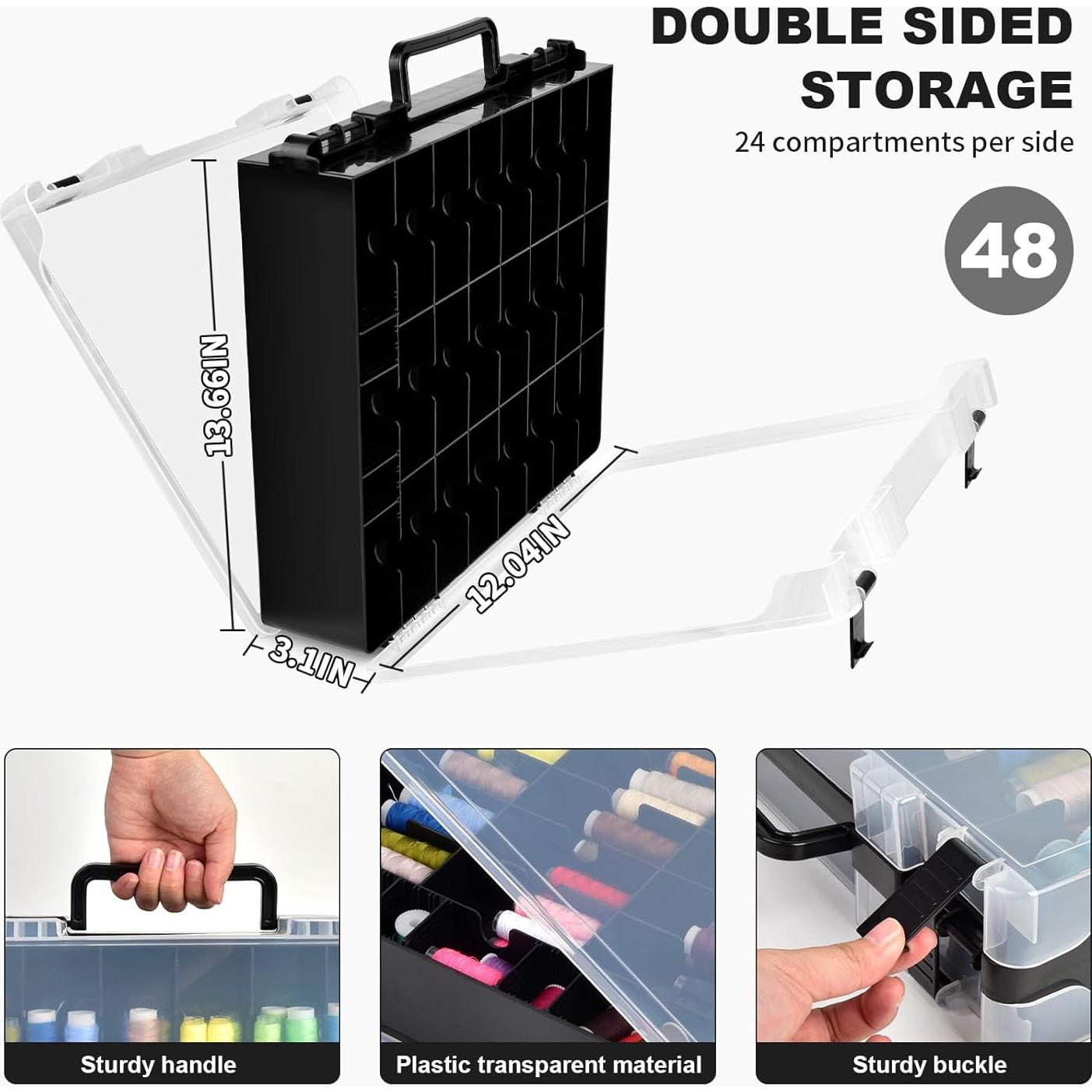 Double-Sided Sewing Box for Bobbins with 48 Grids, Portable Plastic Organizer for Hot Wheels Cars, Embroidery Floss, Diamond Art, Crafts, Small Toys (Case Only)-Black