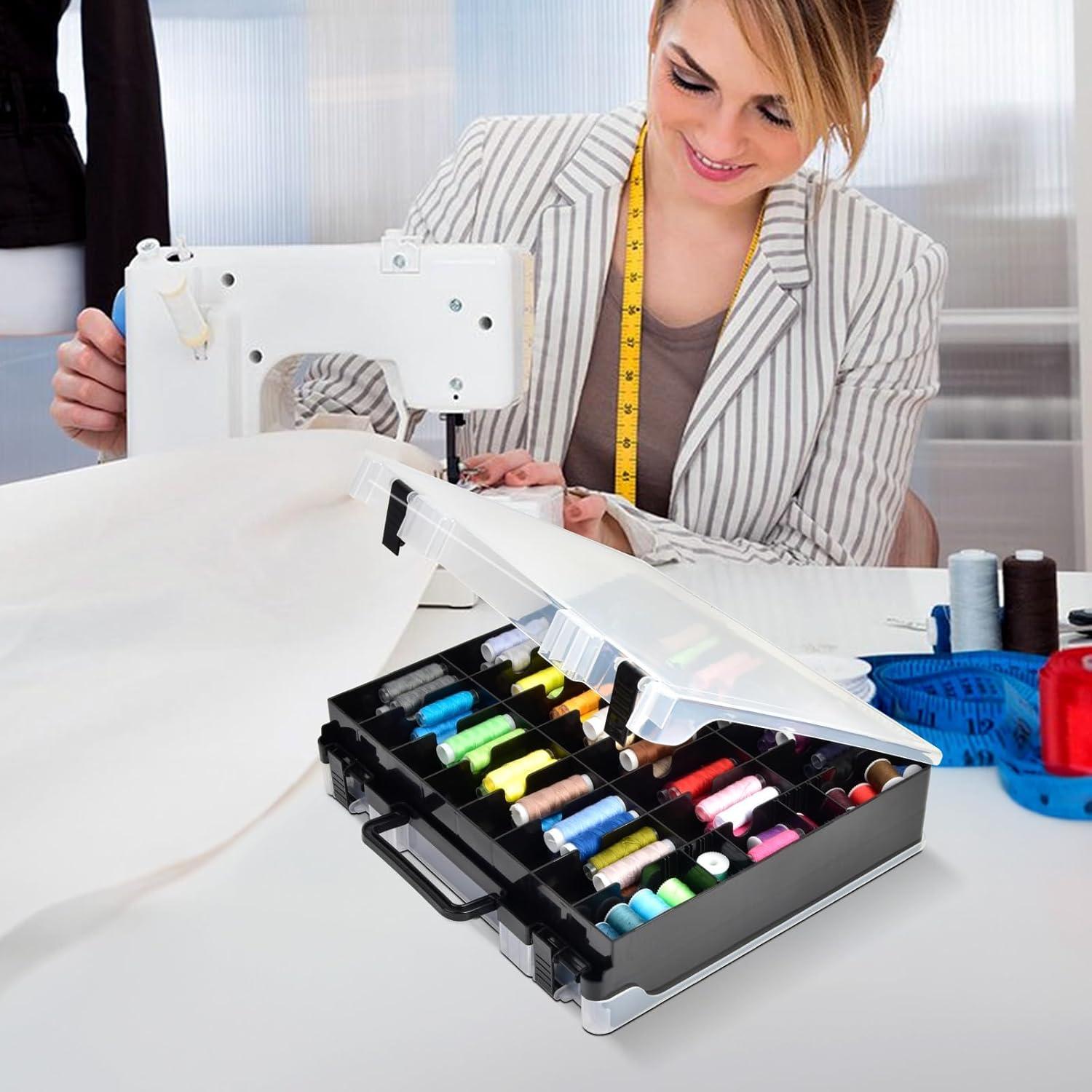 Double-Sided Sewing Box for Bobbins with 48 Grids, Portable Plastic Organizer for Hot Wheels Cars, Embroidery Floss, Diamond Art, Crafts, Small Toys (Case Only)-Black