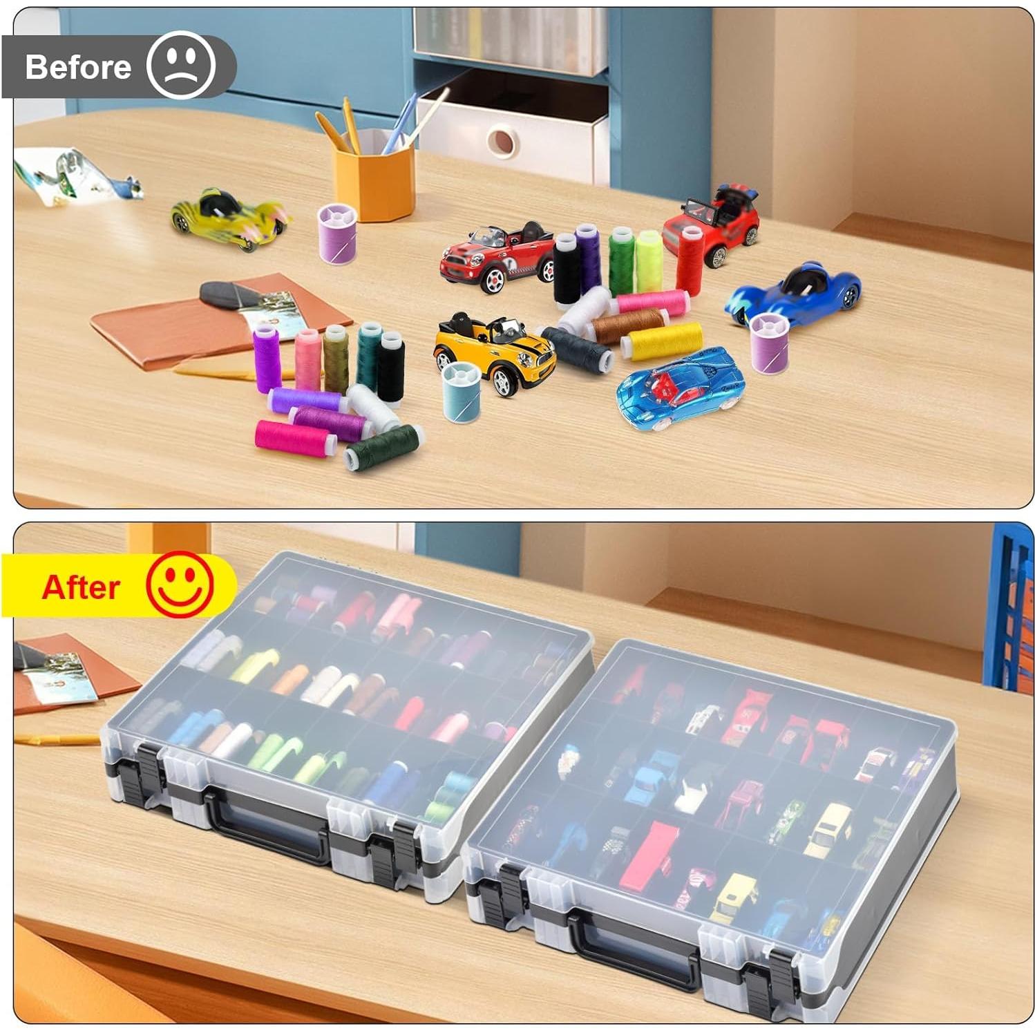 Double-Sided Sewing Box for Bobbins with 48 Grids, Portable Plastic Organizer for Hot Wheels Cars, Embroidery Floss, Diamond Art, Crafts, Small Toys (Case Only)-Black