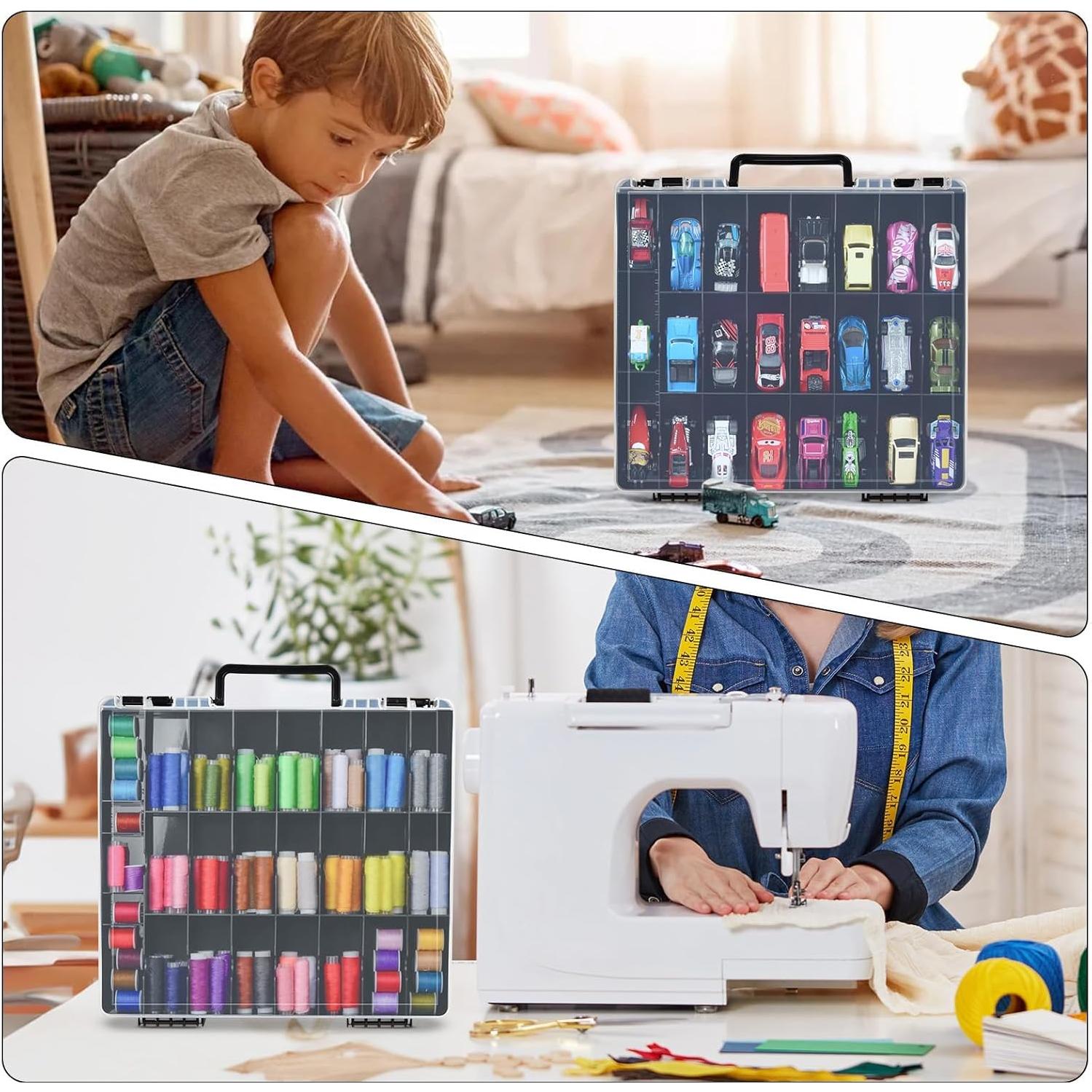 Double-Sided Sewing Box for Bobbins with 48 Grids, Portable Plastic Organizer for Hot Wheels Cars, Embroidery Floss, Diamond Art, Crafts, Small Toys (Case Only)-Black