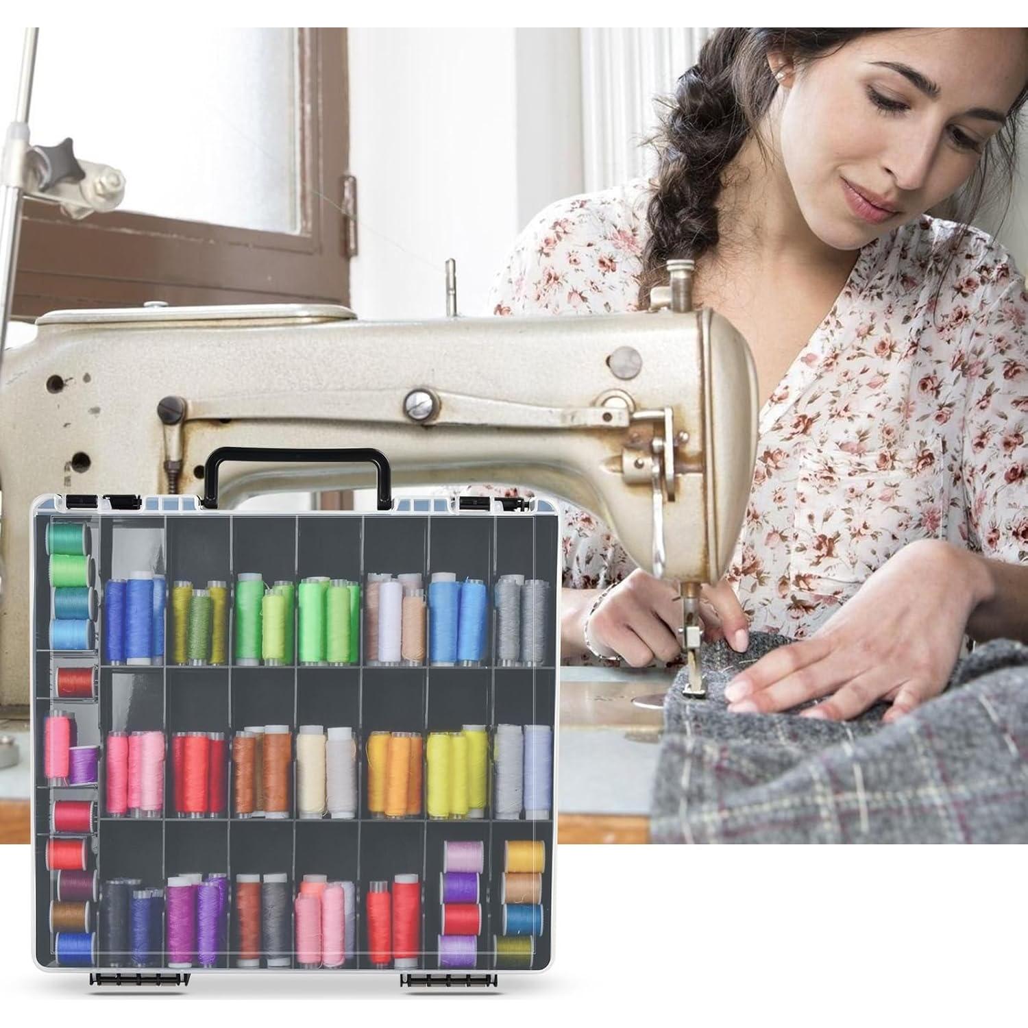 Double-Sided Sewing Box for Bobbins with 48 Grids, Portable Plastic Organizer for Hot Wheels Cars, Embroidery Floss, Diamond Art, Crafts, Small Toys (Case Only)-Black