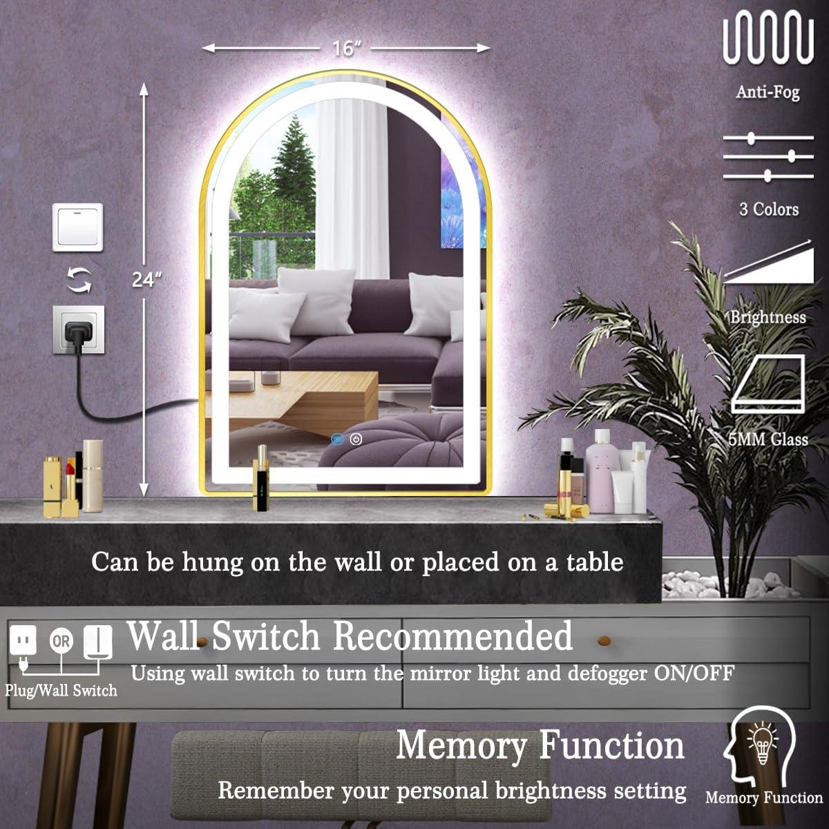 Espejo LED Dorado Arco TiliKuly 61x40.6 cm Antivaho 3 Colores