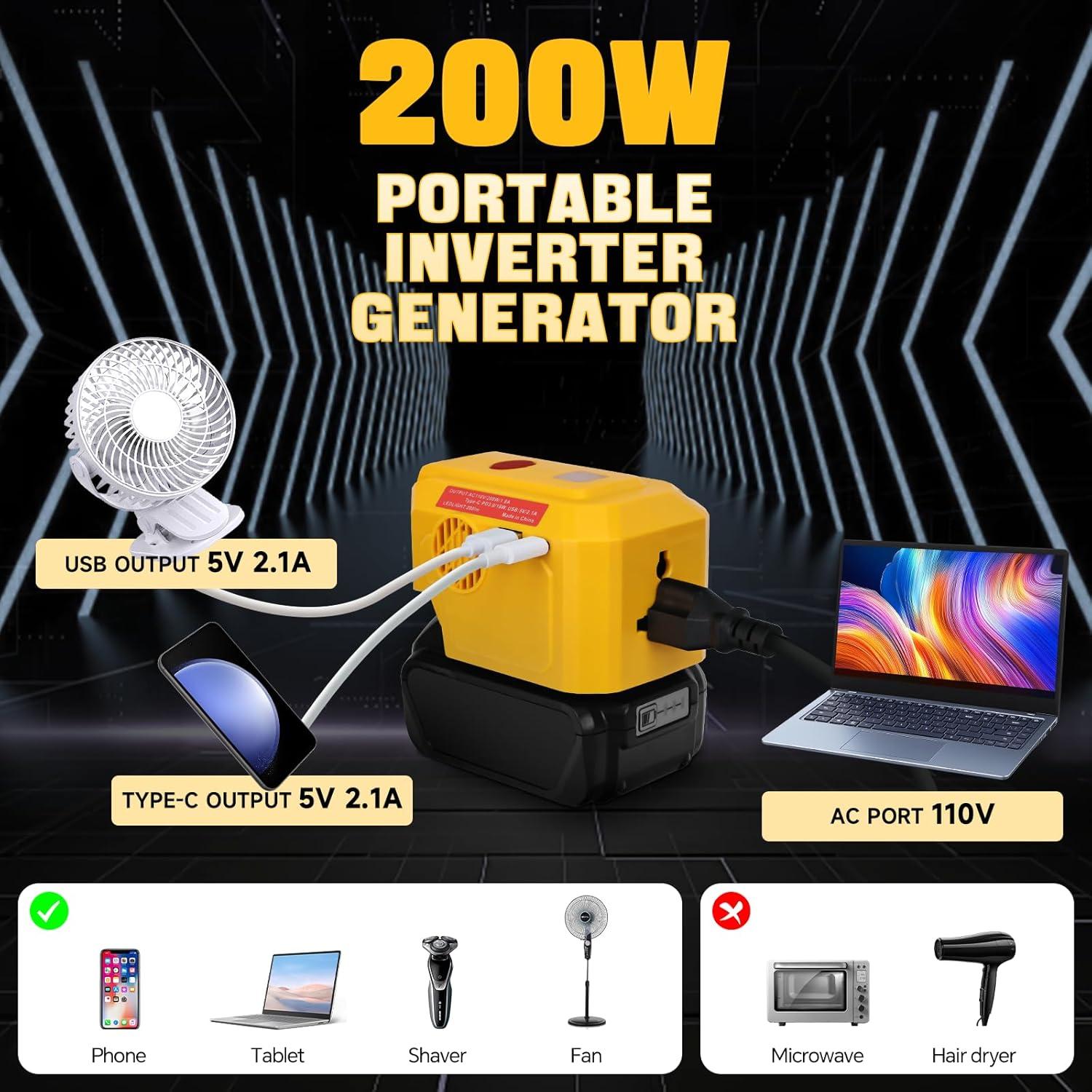 Inversor de Potencia 200W DeWalt 20V con USB y LED