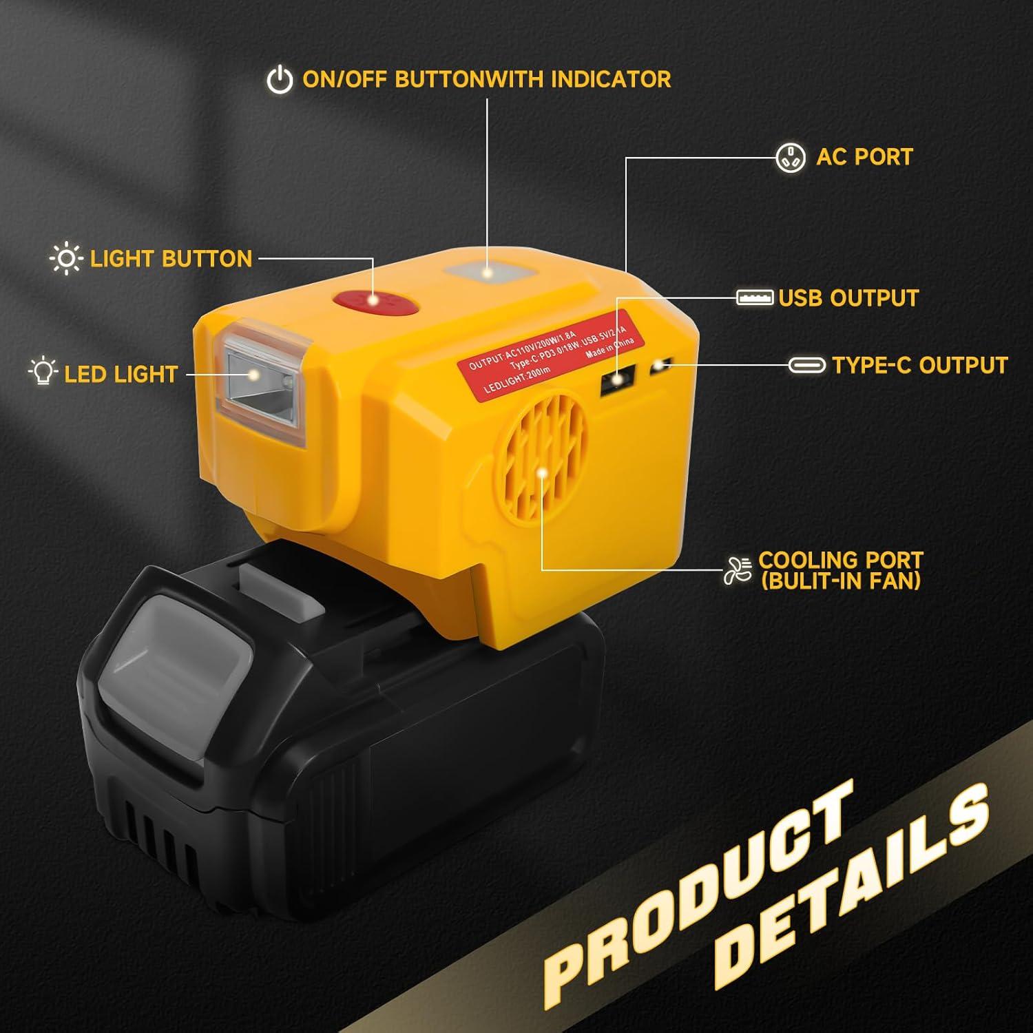 Inversor de Potencia 200W DeWalt 20V con USB y LED