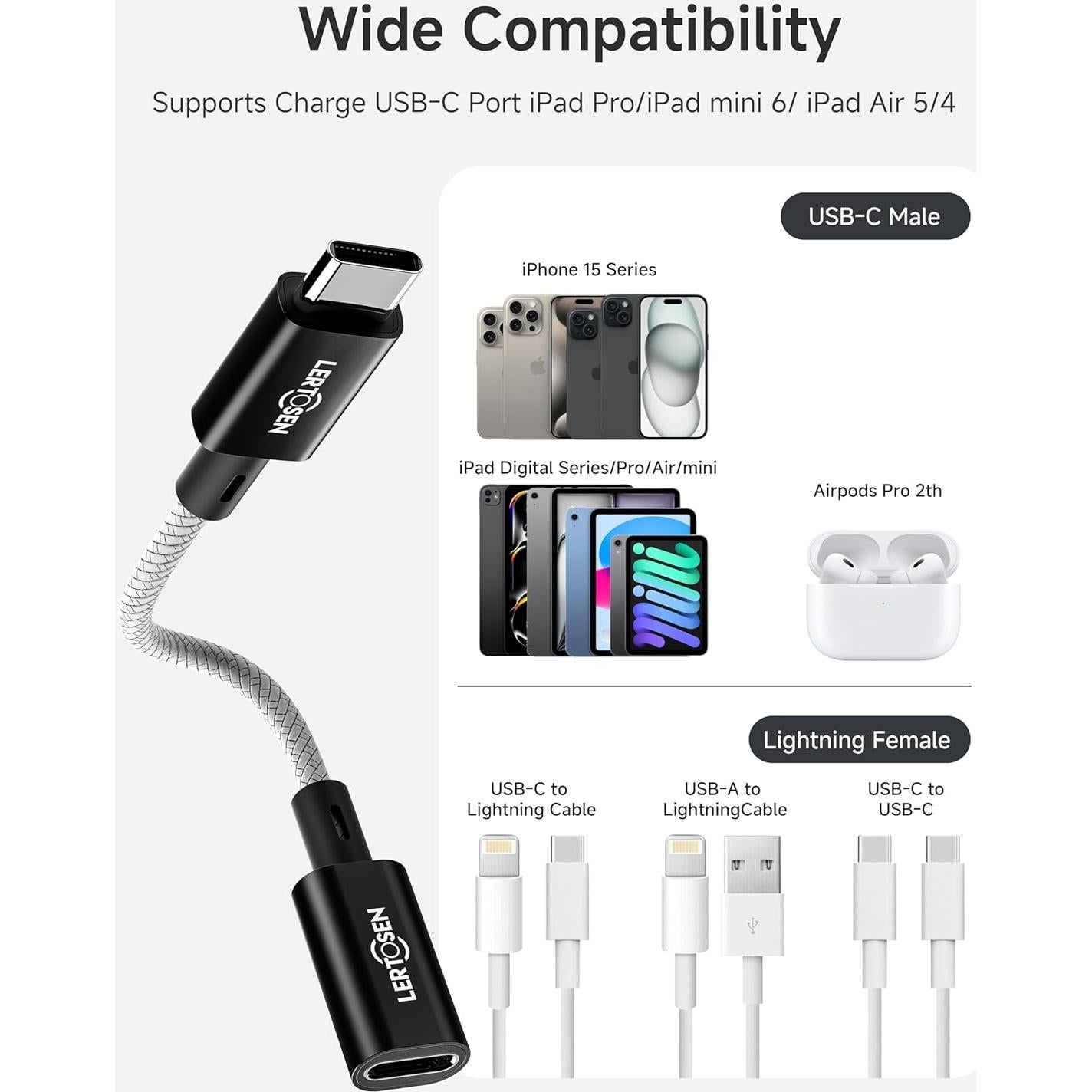 Adaptadores Lightning a USB C LERTOSEN - Paquete de 2, Carga Rápida